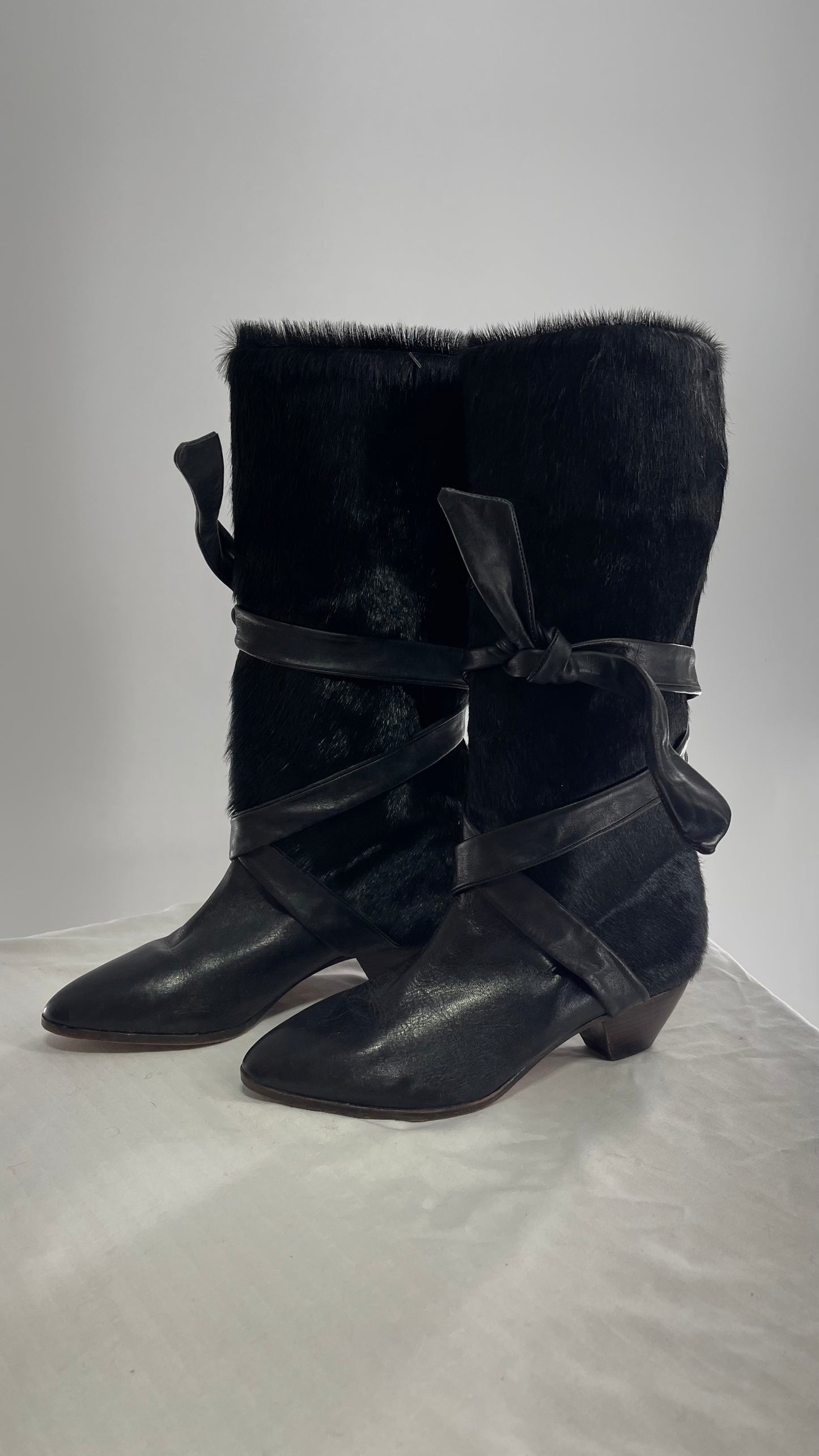 Vintage Nickels Black Italian Fur Boot with Leather Straps (7)