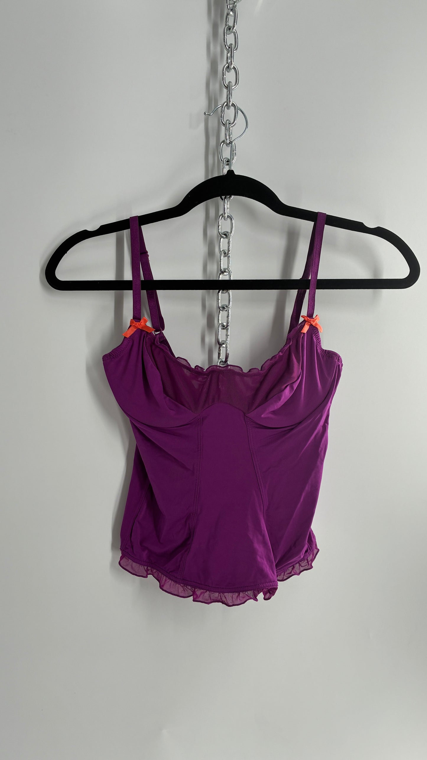 Vintage 1990s Purple Underwire Camisole Top with Sheer Ruffled Trim and Contrast Bow (Small)