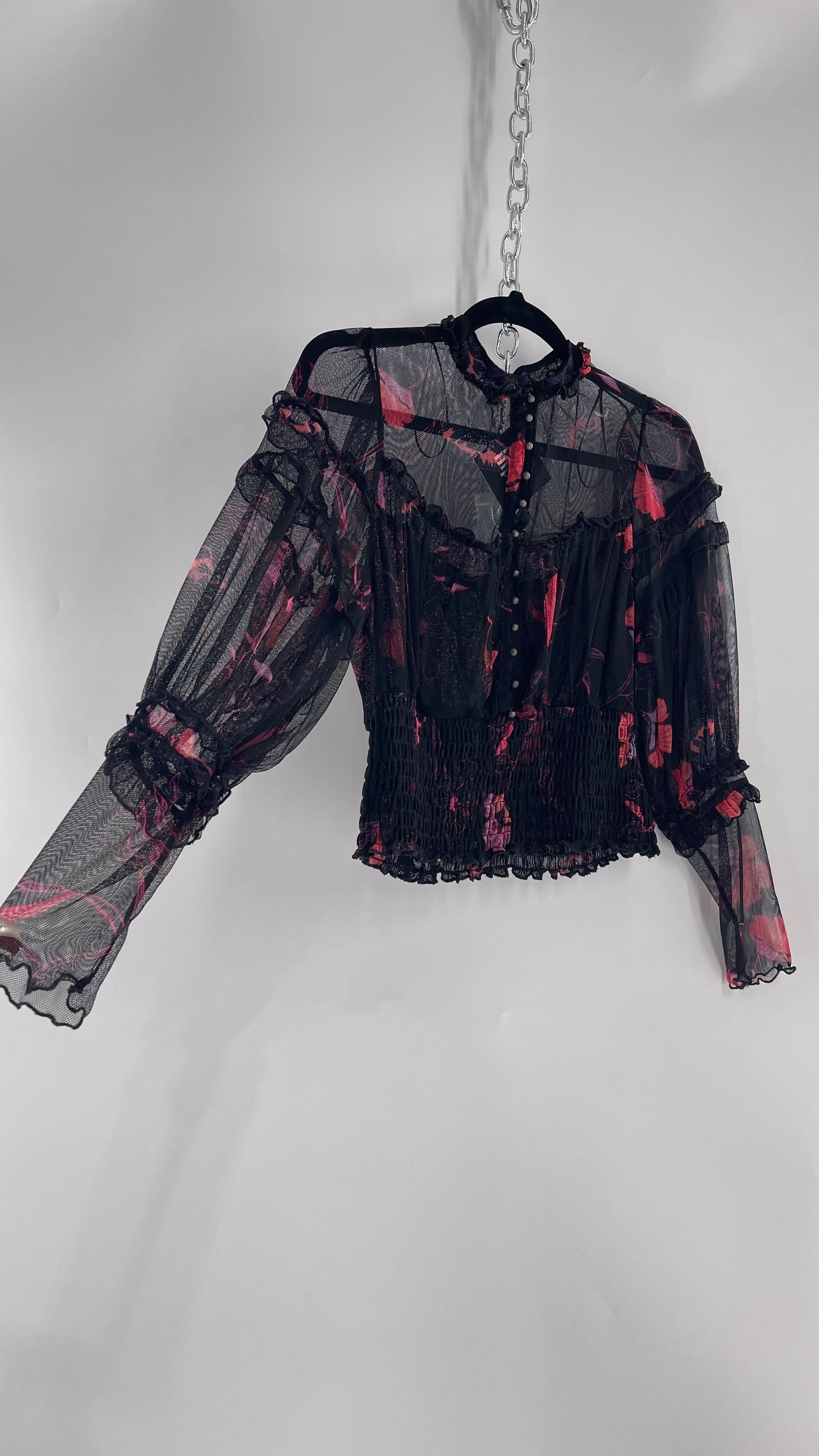 Free People Black Mesh Top with Smocked Waist, Buttoning and Contrasting Florals (Medium)