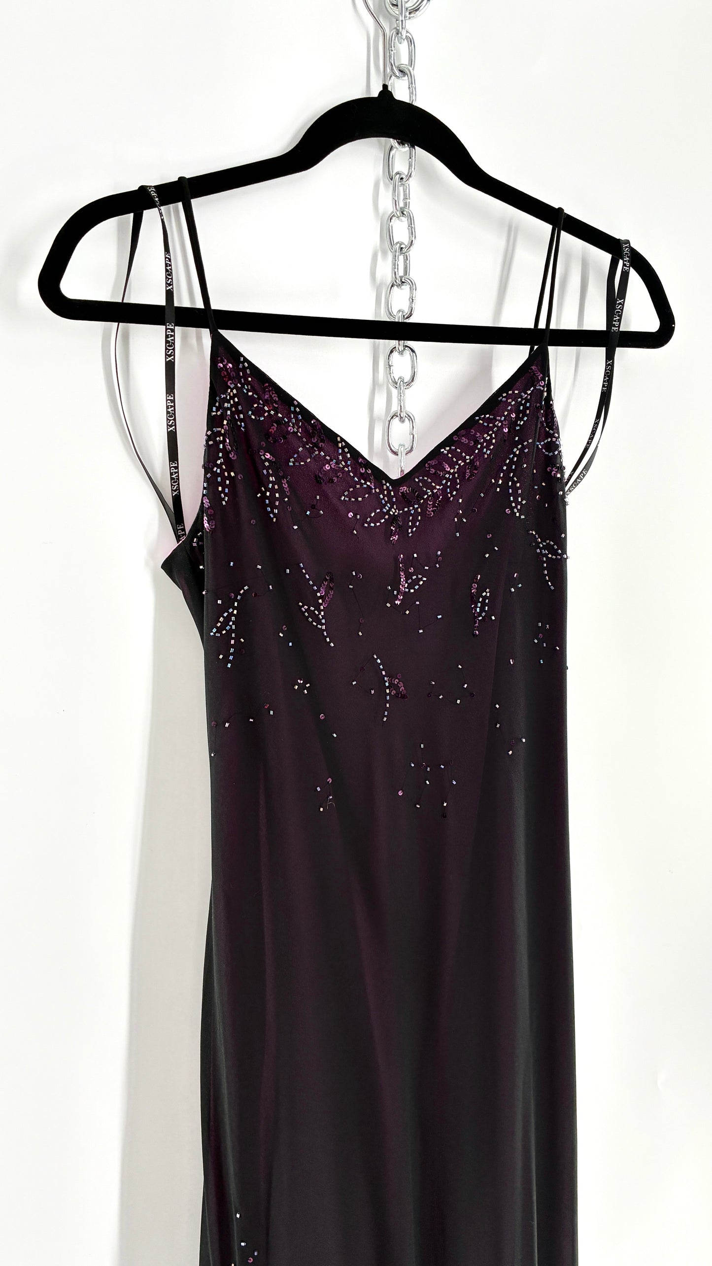 Vintage XSCAPE Full Length Black Beaded Gown with Purple Underlay (4)