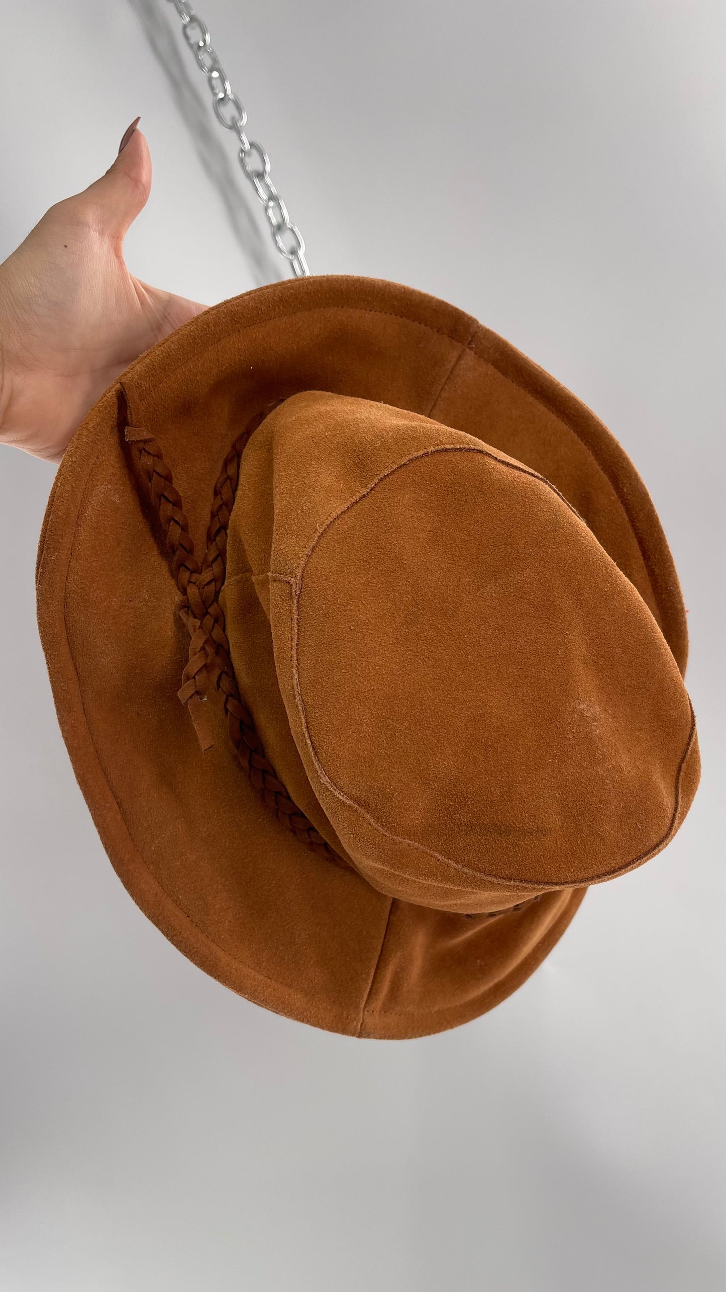 Free People Burnt Orange Suede Genuine Leather Sun Hat with Braided Belt
