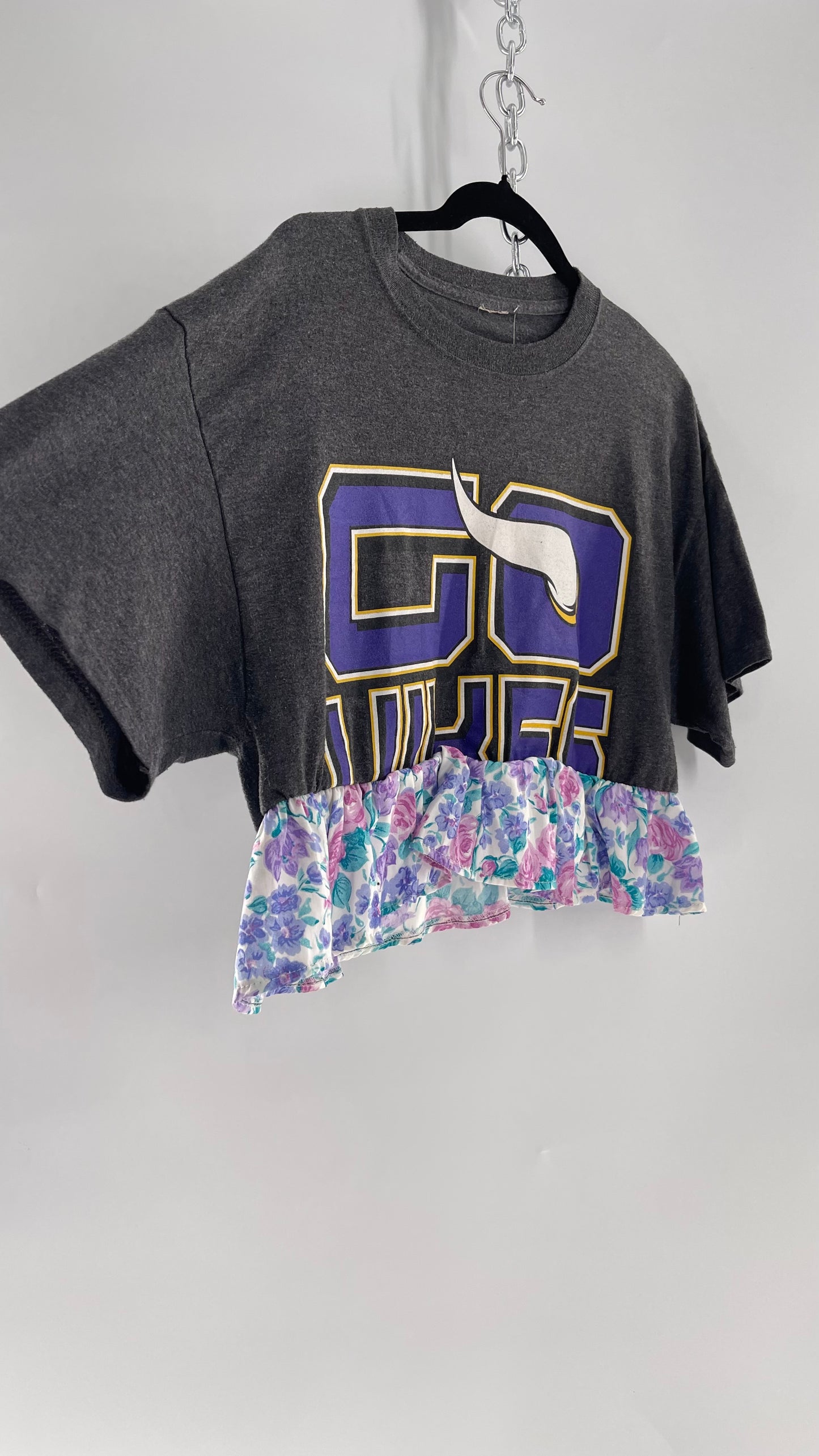 Urban Outfitters Reworked Go Vikings Sports T with Floral 80s Ruffle (M)