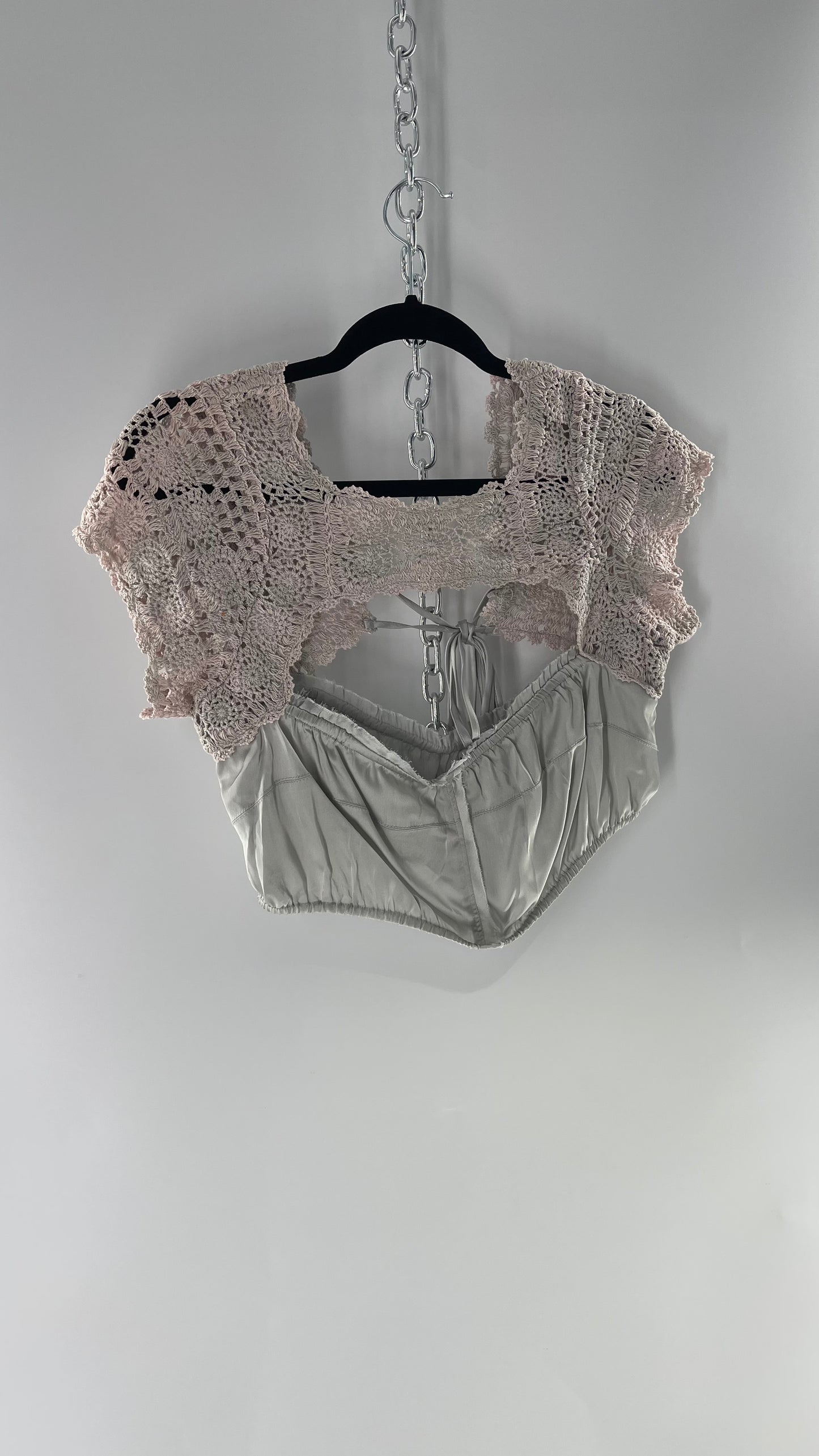 Intimately Free People Silver Satin Cropped Bustier with Crochet Shrug High Neckline (Large)