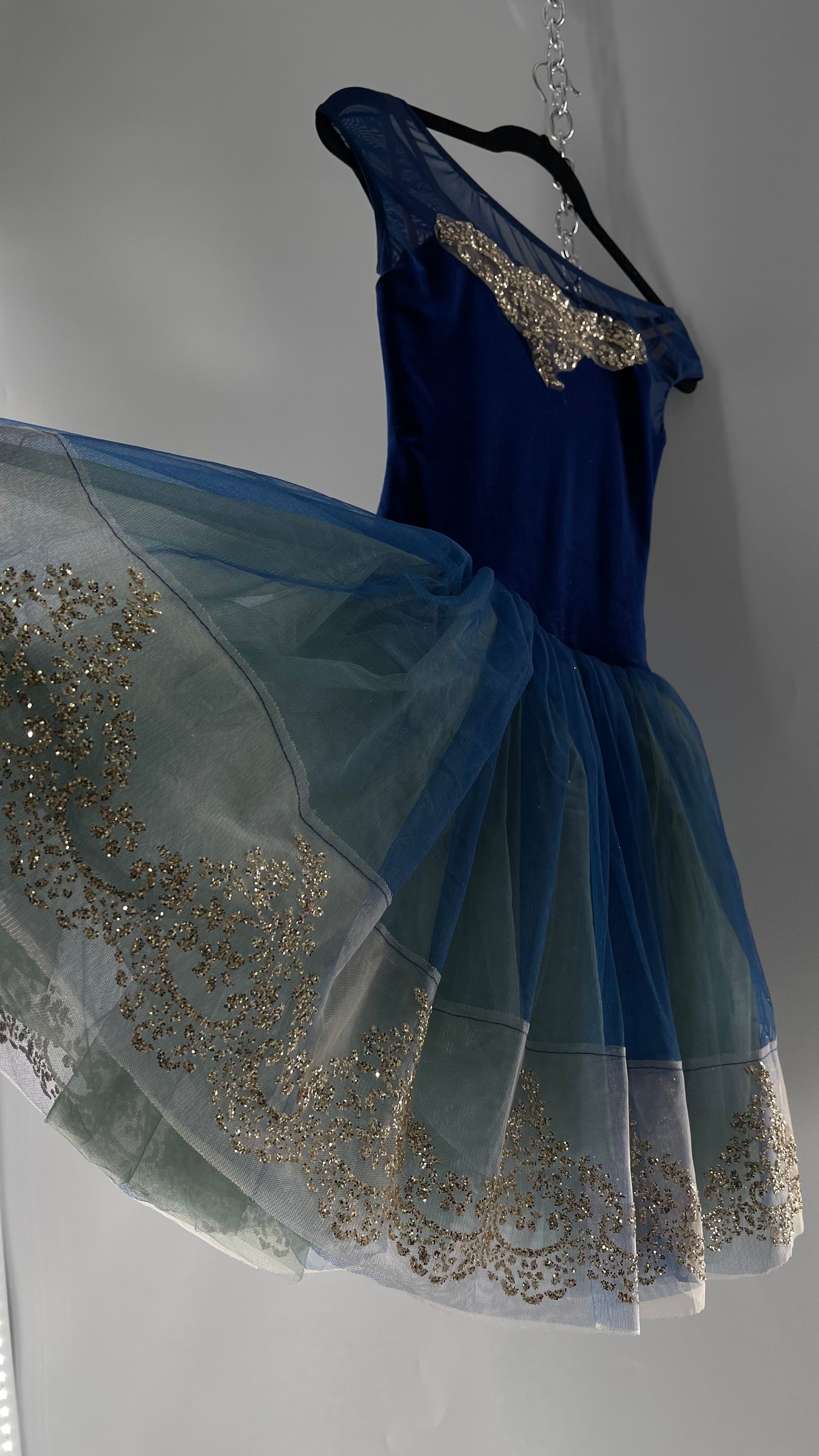 Midnight Muse Navy and Teal Mesh Tutu Skirt with Gold Glitter Hem Detailing (Medium)