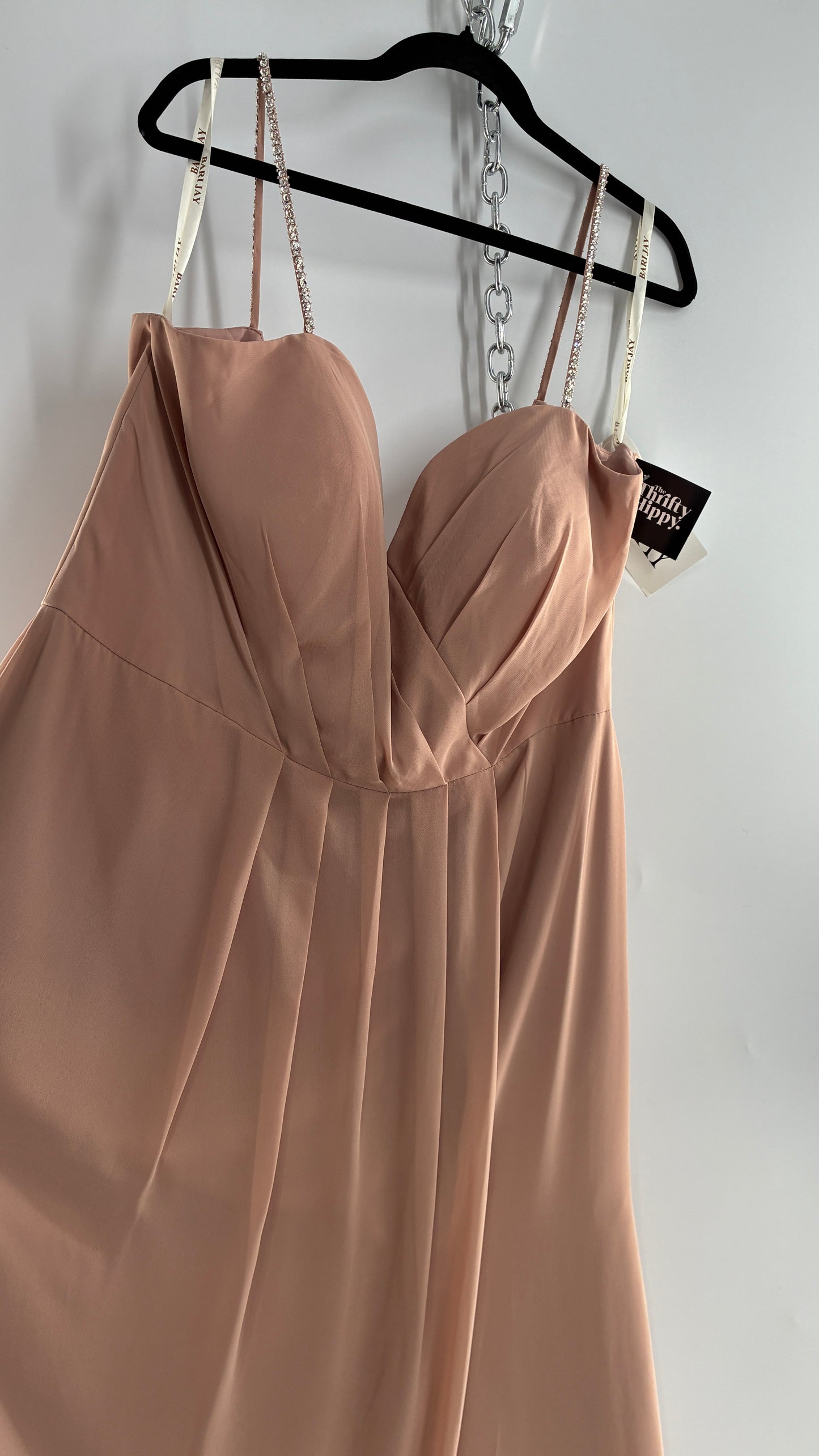 Vintage BARI JAY Nude/Blush Pink Full Length Dress with Embellished Straps and Side Slit Detail (16W)
