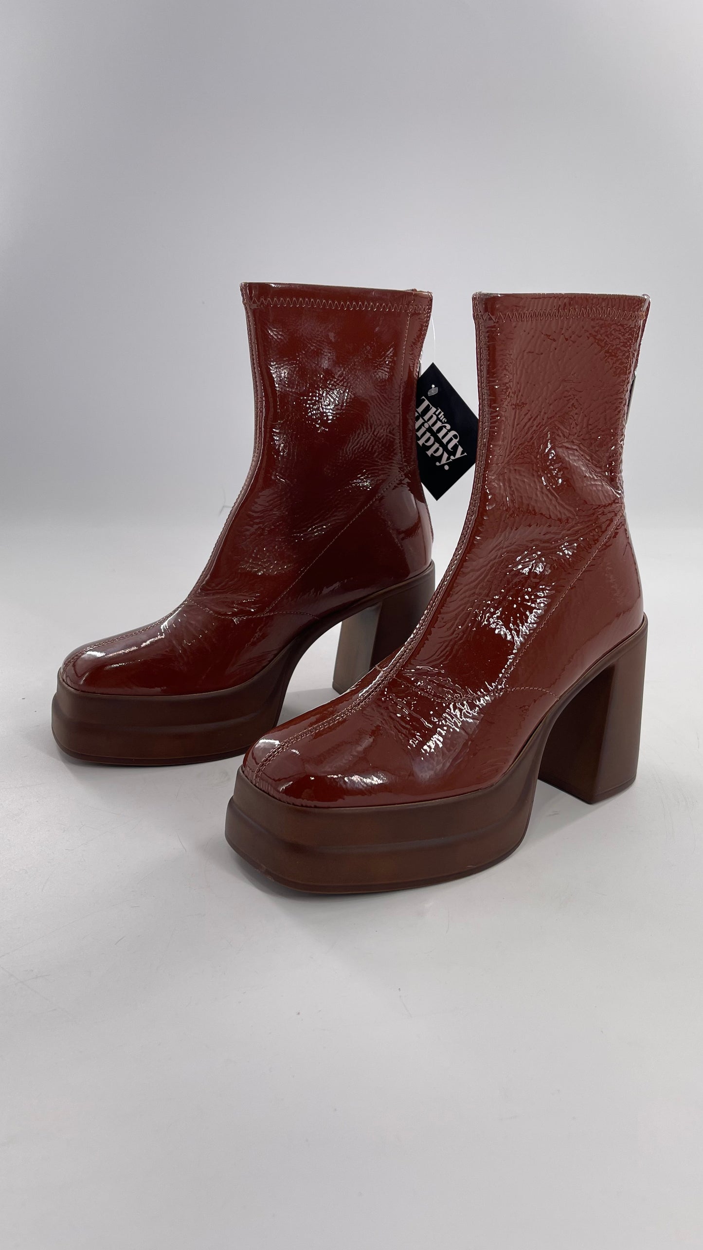 Free People Double StackedGlossy Patent Chestnut Brown Platform Boots with Chunky Heels (37.5)