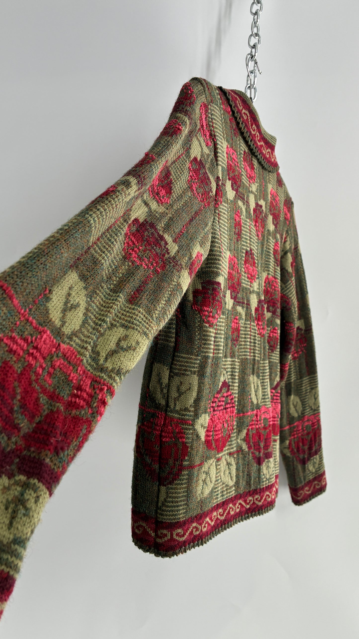 Vintage Cherry Lewis Made in England 81% Wool Thick Knit Sweater Jacket with Rosettes (Small)