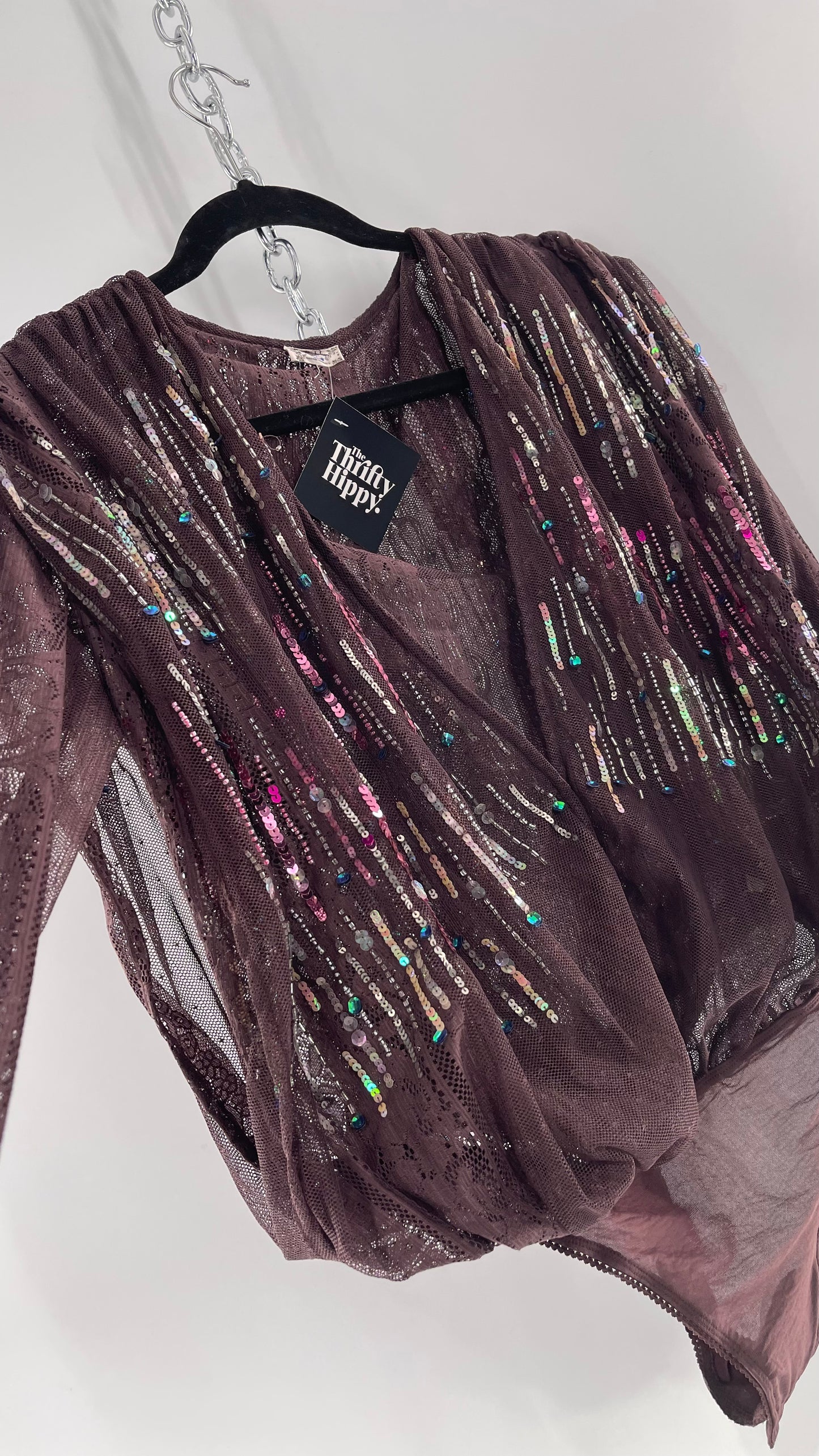Intimately Free People Plum Mesh Bodysuit with Lace Sleeves and Beaded/Sequined/Embellished Body (Medium)