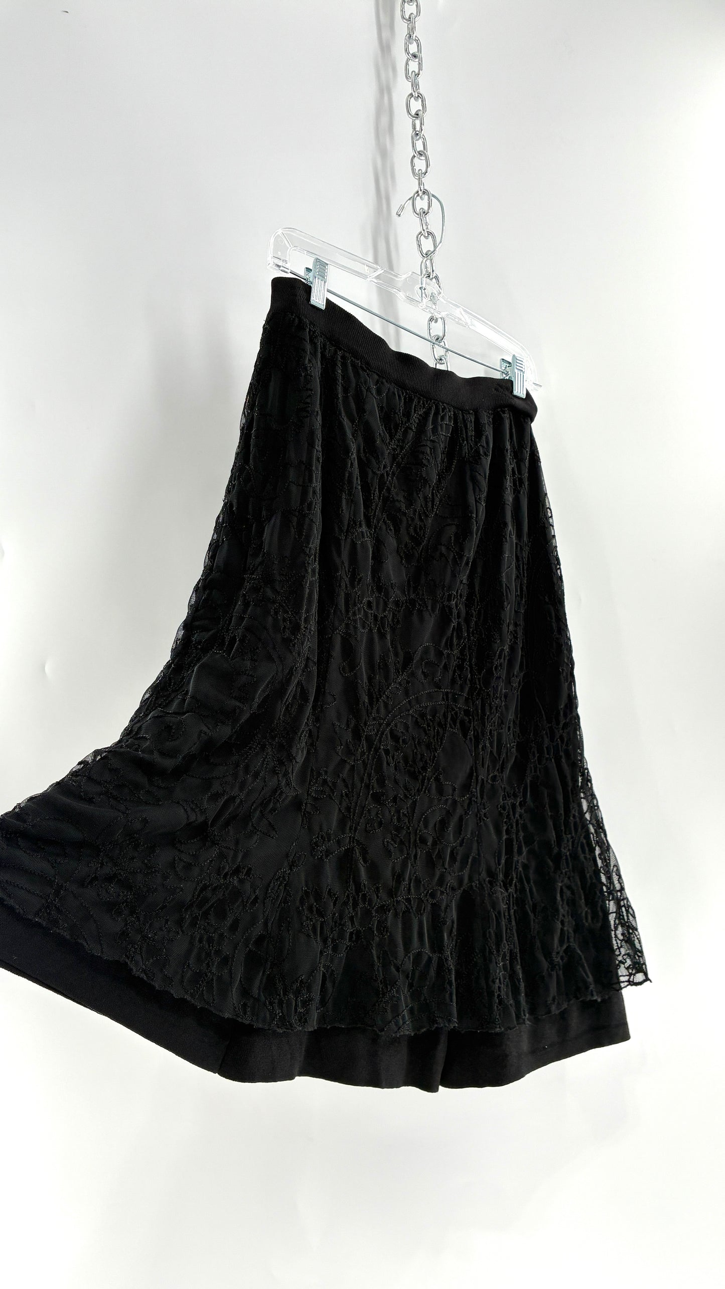 Vintage DUÉ PER DUÉ Black Heavy Knit Skirt with Lace Overlay (Medium)