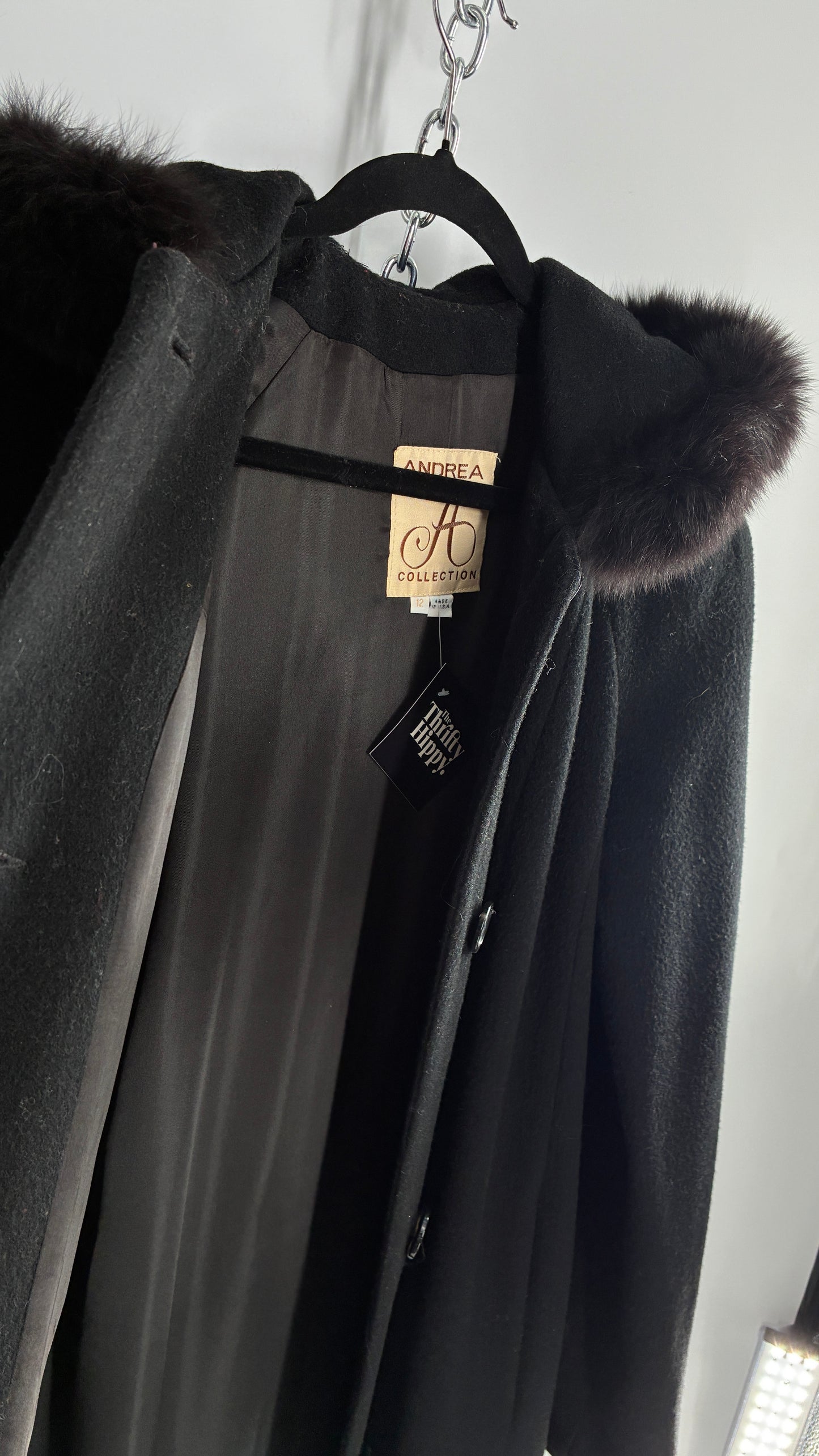 Vintage ANDREA COLLECTION Black Wool Blend Full Length Coat with Fur Trim Hood (12)