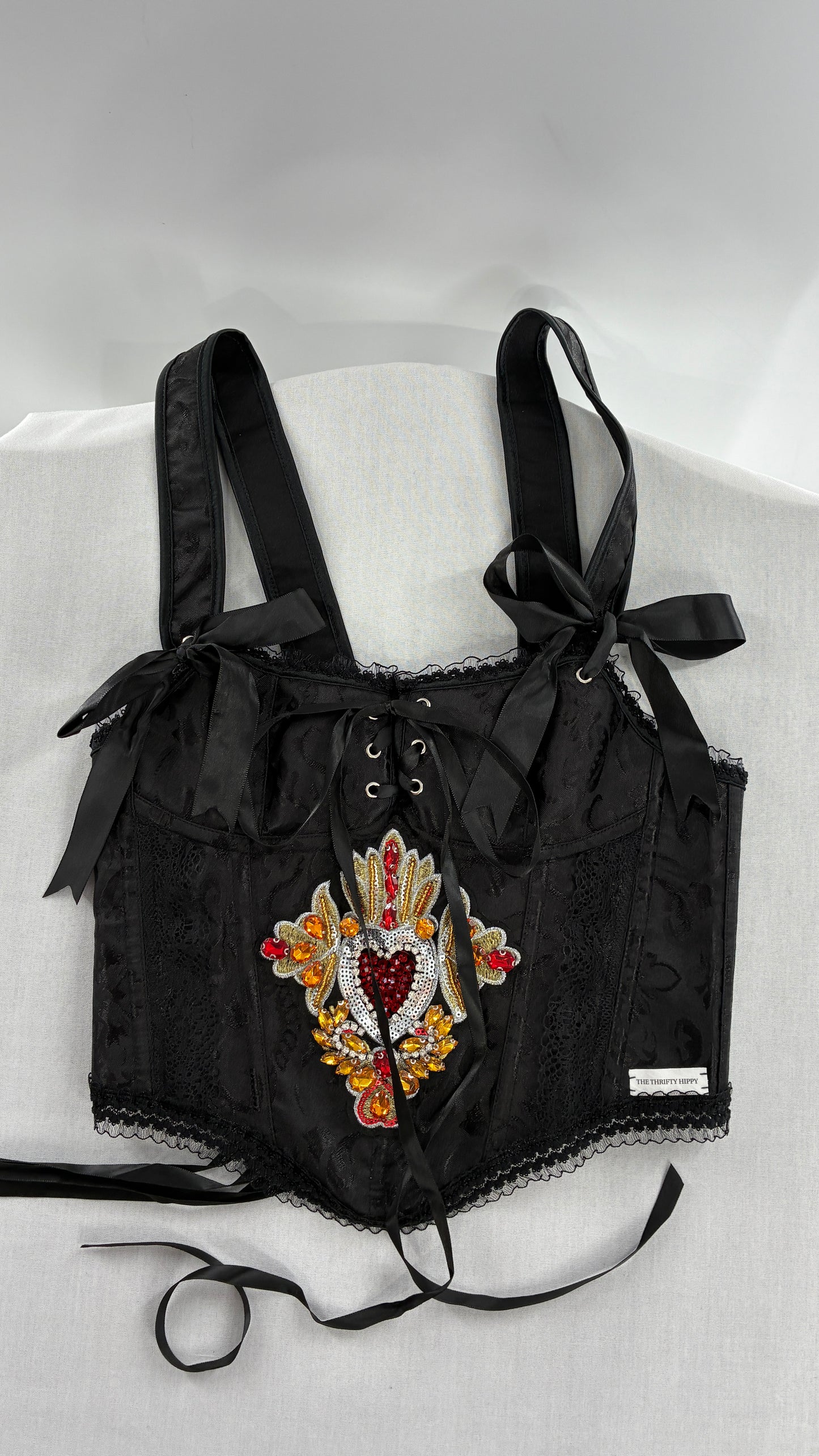 Custom Black Jacquard Corset, Handmade with Heart Appliqué, Bows, Embroidery, Gemstones, Lace and Ruffles (S/M)