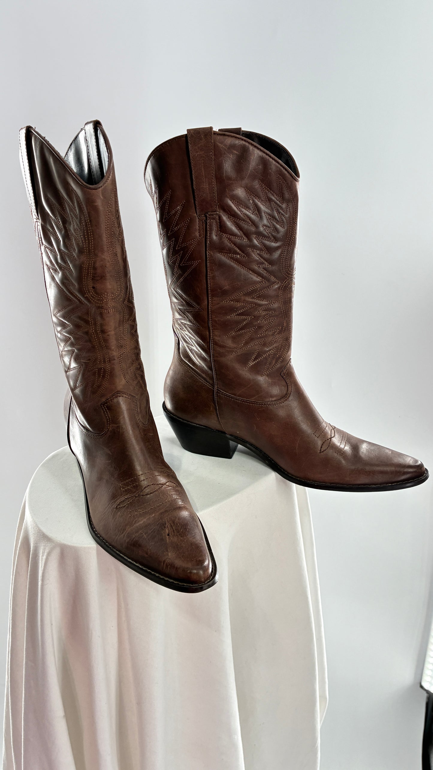 Vintage Genuine Leather Brown Cowboy Boots Made in Brazil (9.5)