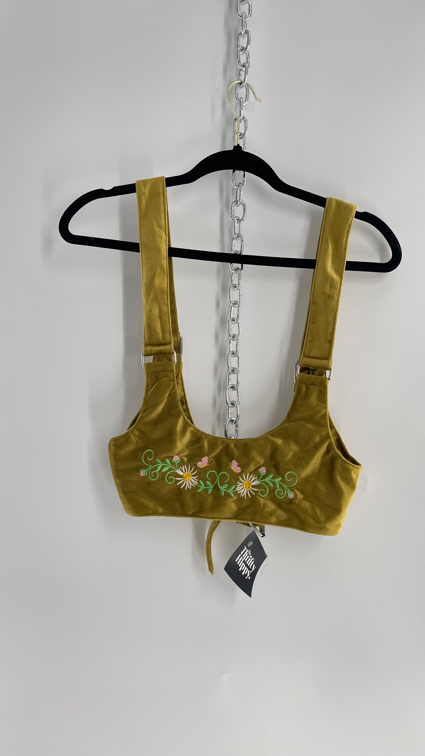 Urban Outfitters Greenish Gold Velour Body Harness with Embroidered Daisies and Butterflies (Large)