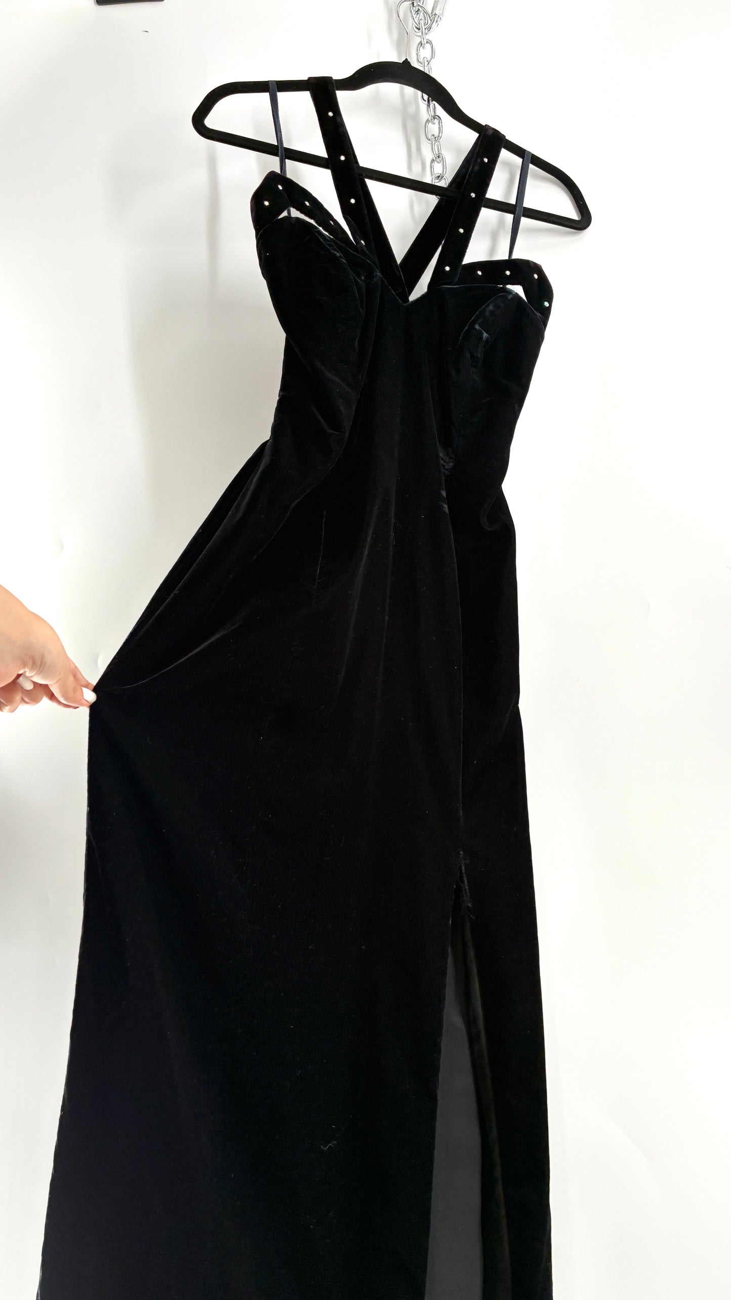 Vintage Handmade Velvet Gown with Pointed Bust Lined in Rhinestones and Dramatic Side Slit (S/M)