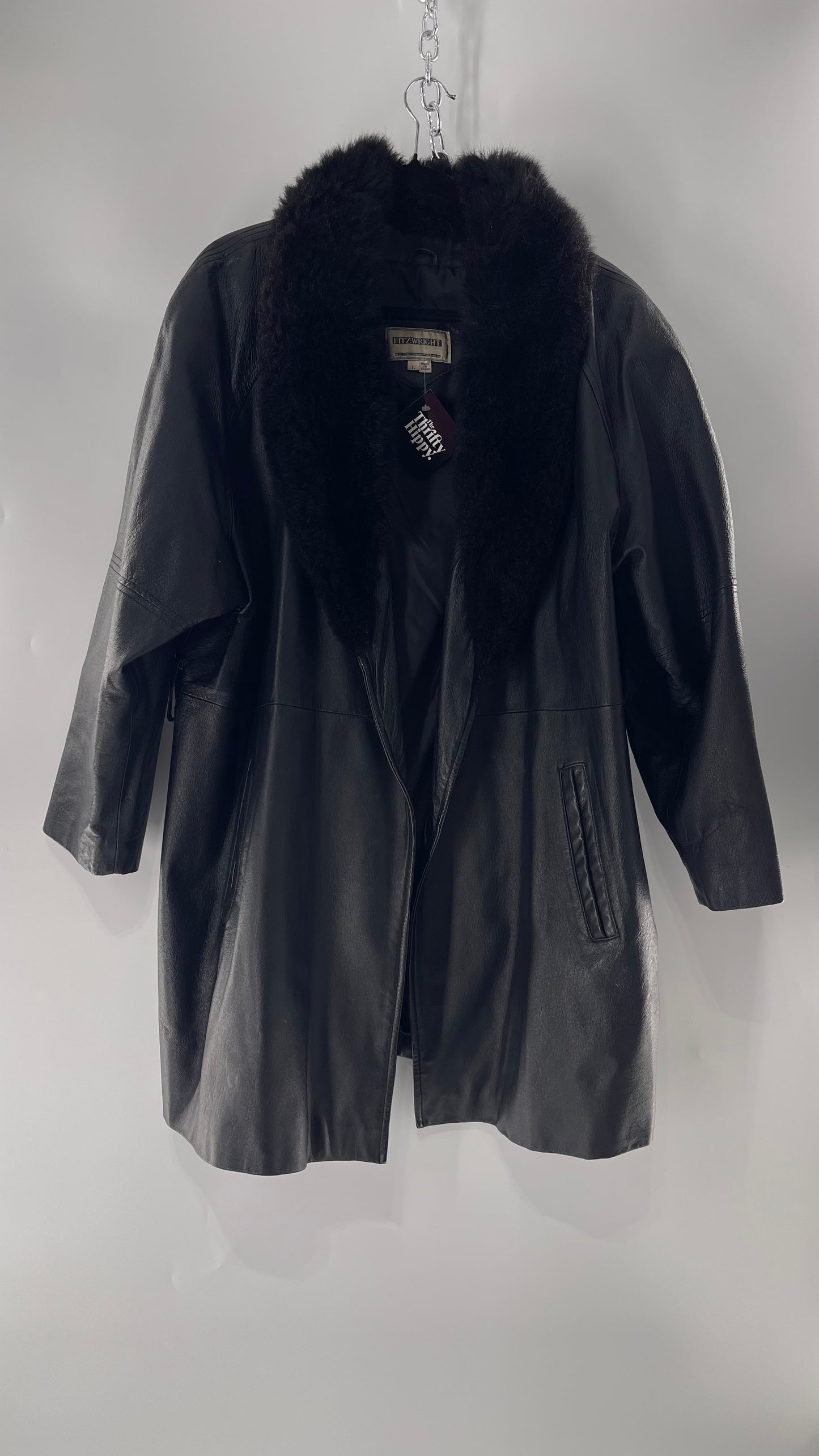 FITZWRIGHT Vintage Black Leather Coat with New Zealand Opposum Fur Collar and Faux Fur Belt (C)(Large)