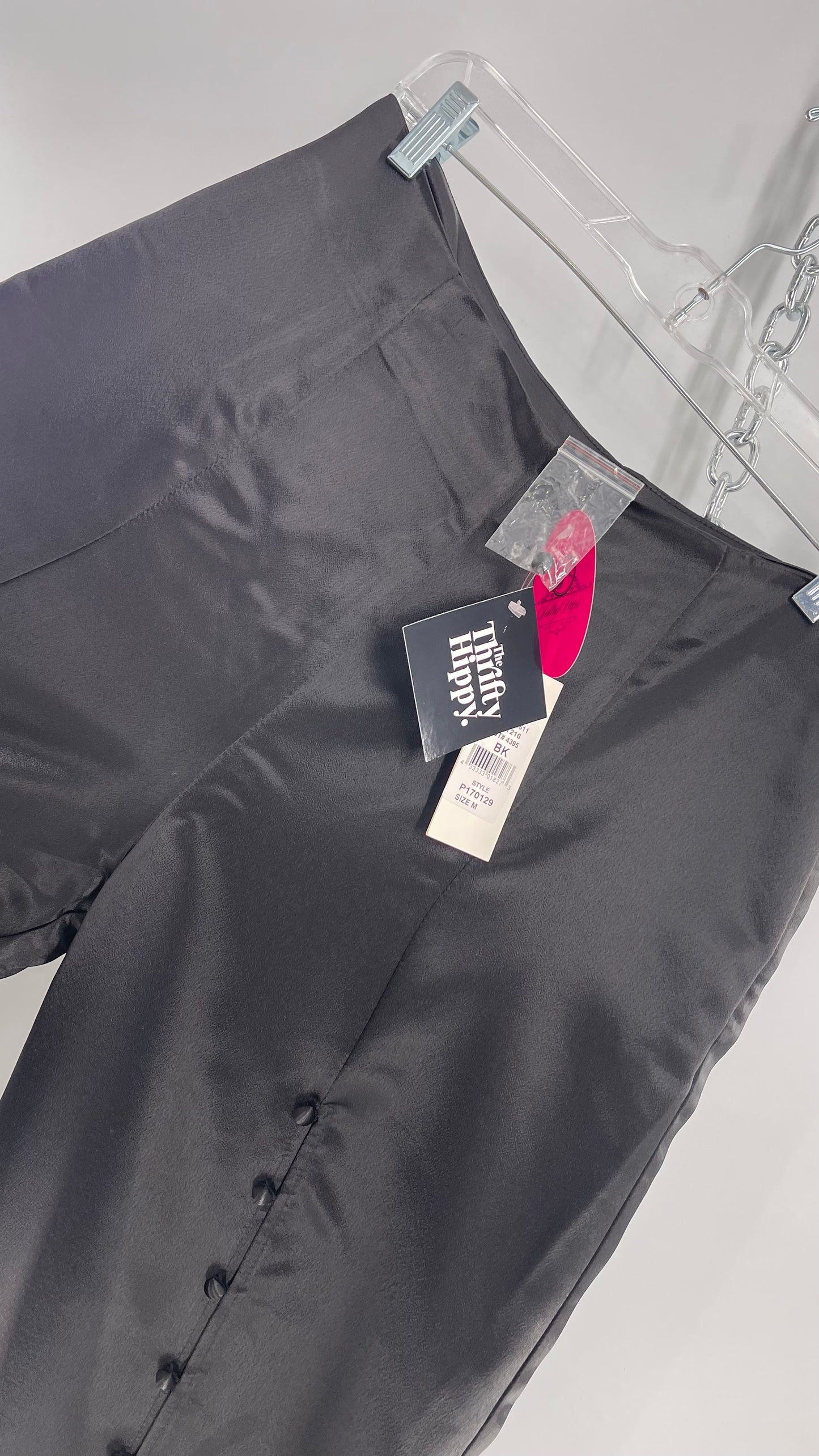 WHY Sultry Steps Black Satin Wide Leg Trouser with Vertical Strip of Satin Buttons (Medium)