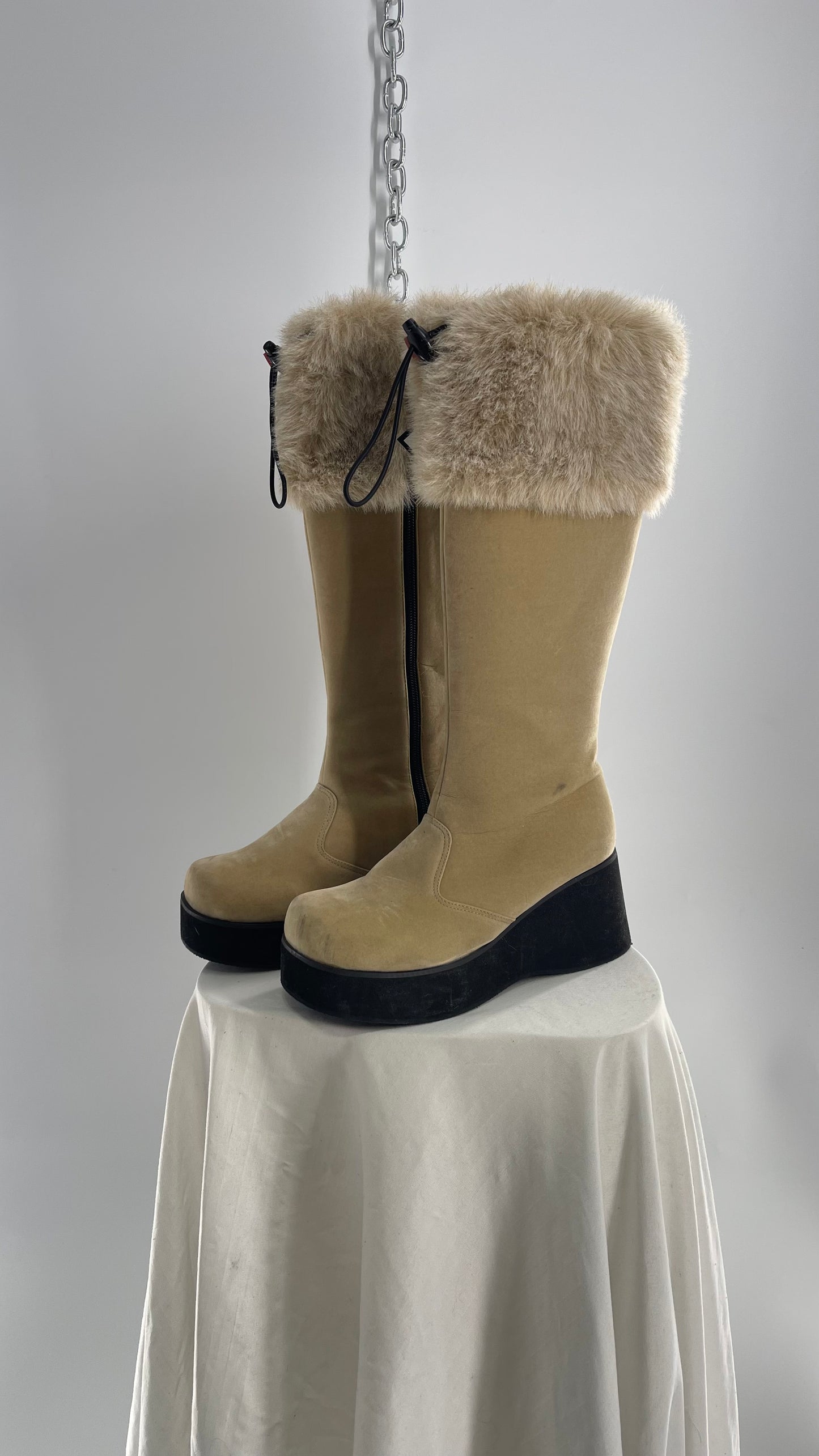 Vintage Faux Fur Trim Tan Platform Wedge Knee High Boots (6)