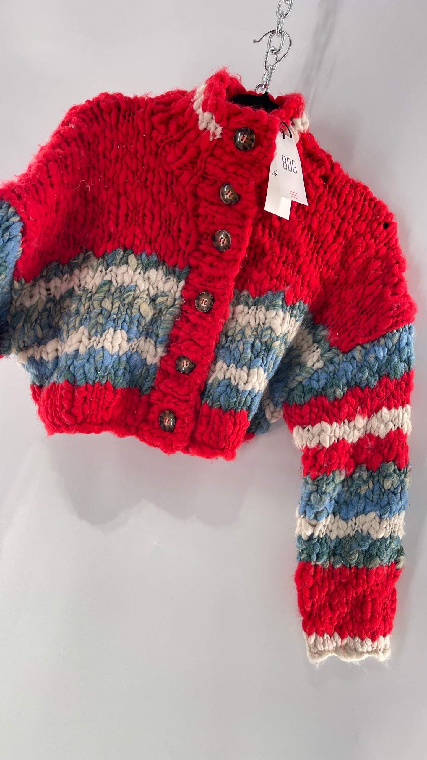 BDG Urban Outfitters Thick Knit Red White Blue Chunky Cropped Striped Cardigan (XS)