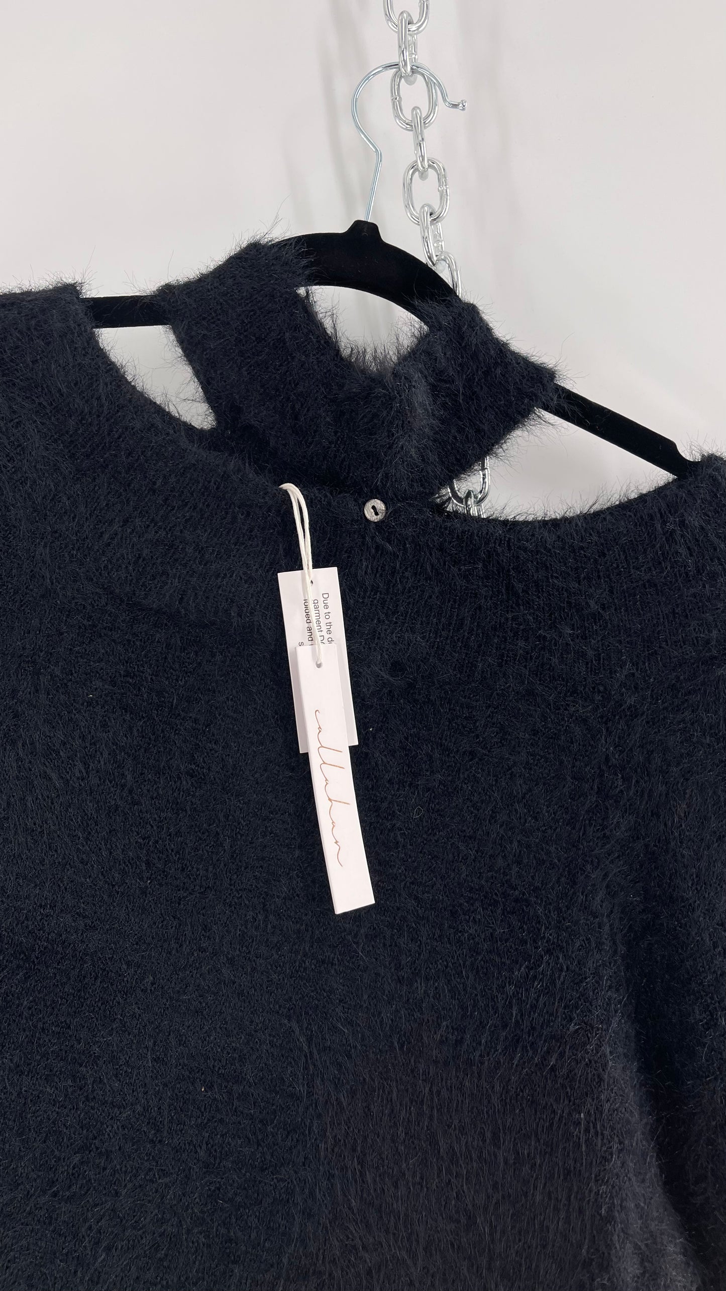 Callahan Black Fuzzy/Shaggy Slouchy Sweater with Choker Neckline Detail (Small)