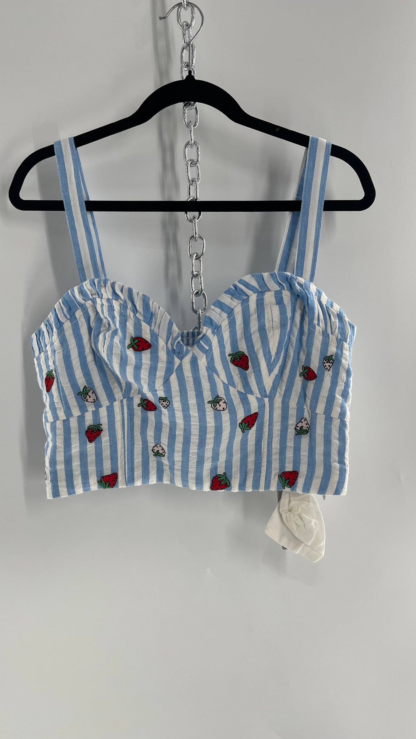 Maeve Anthropologie Baby Blue White Striped Corset Like Crop with Embroidered Strawberries (6)