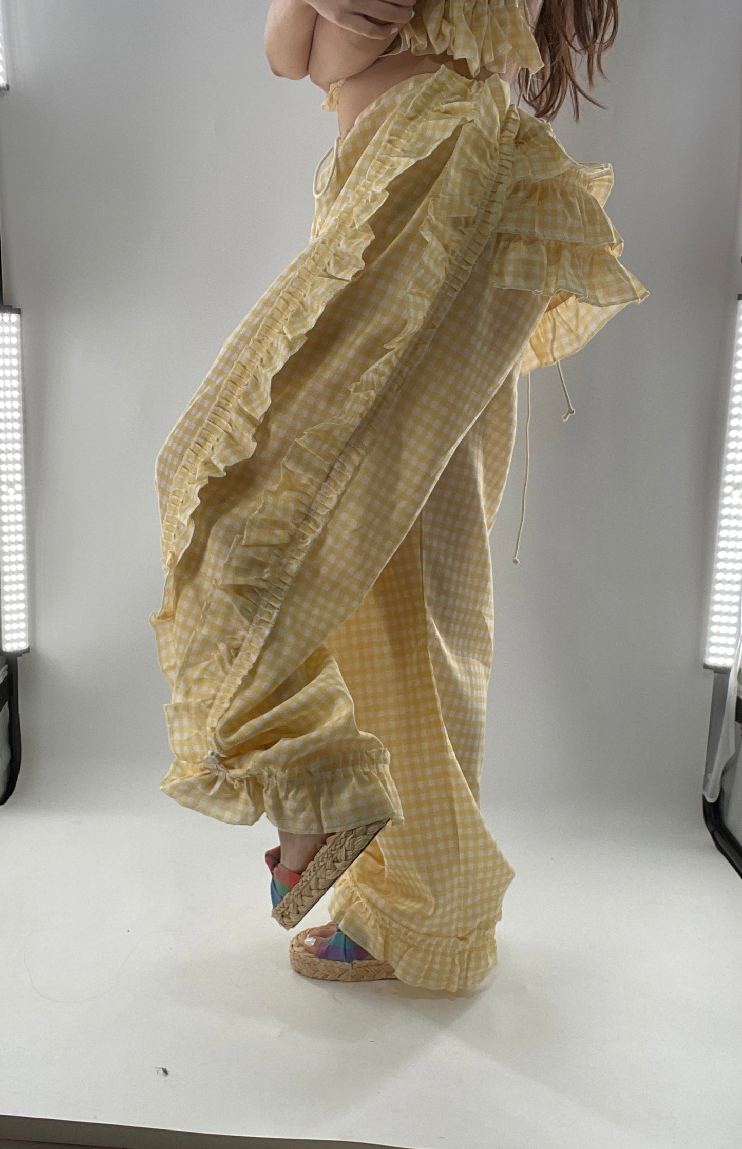 Vintage 2 Piece Yellow Checkered/Gingham Patterned Picnic Set with Ruched Bust Top and Ruffle Side Wide Legs with Adjustable Length, Strap Up Buttons on Hem (One Size)