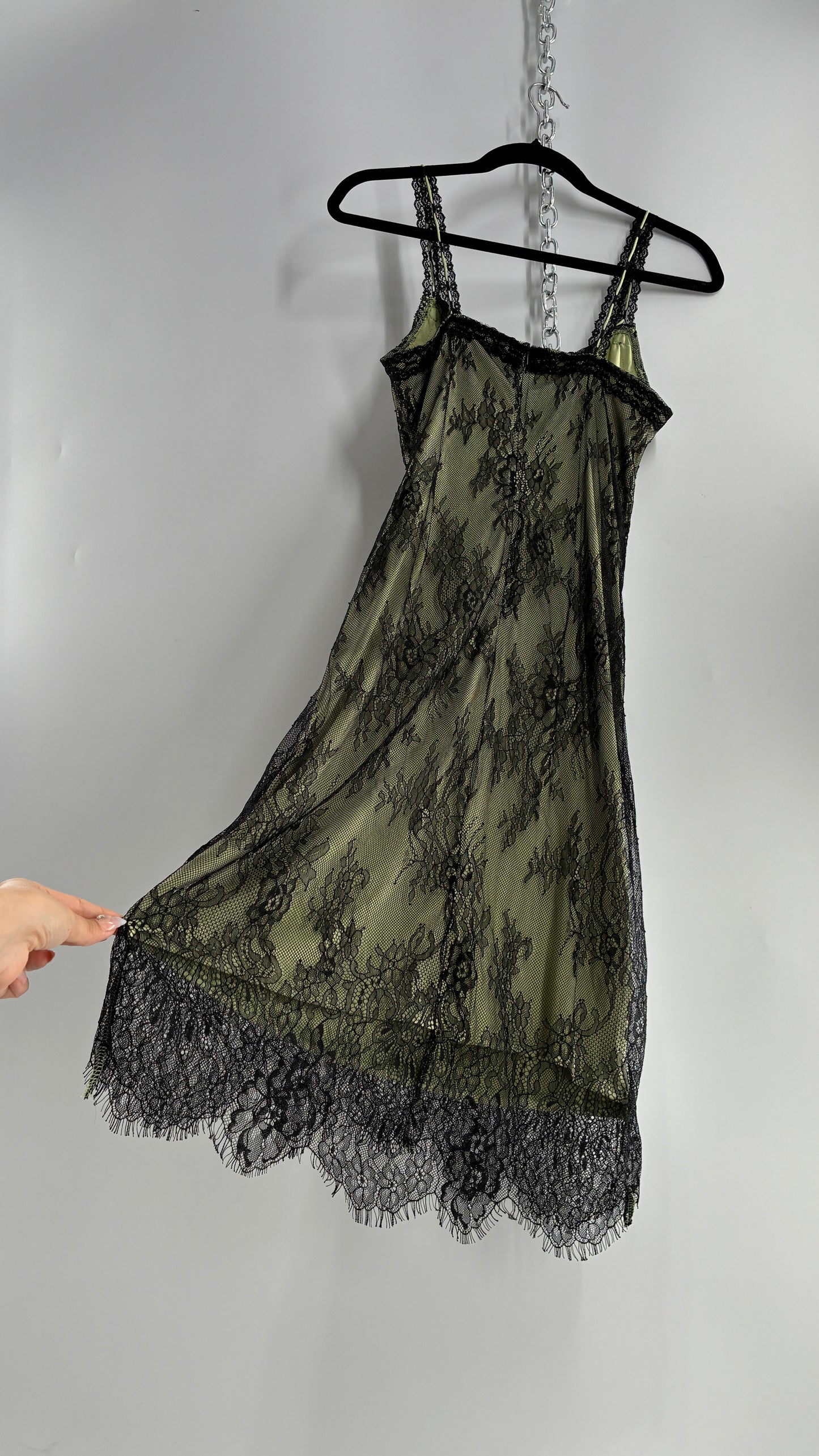 CIDER Green Midi Dress with Black Overlay Lace (Large)