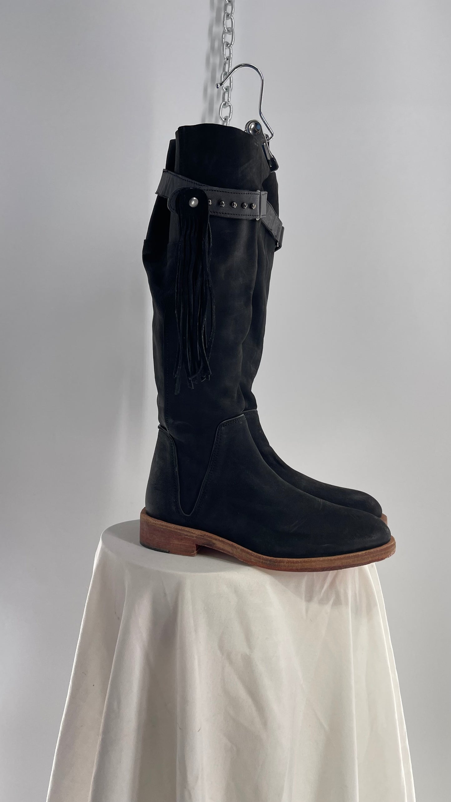 Free People Sayre Banks Slouchy Black Suede Leather Knee High Tassel Side Buckle Boot (38)
