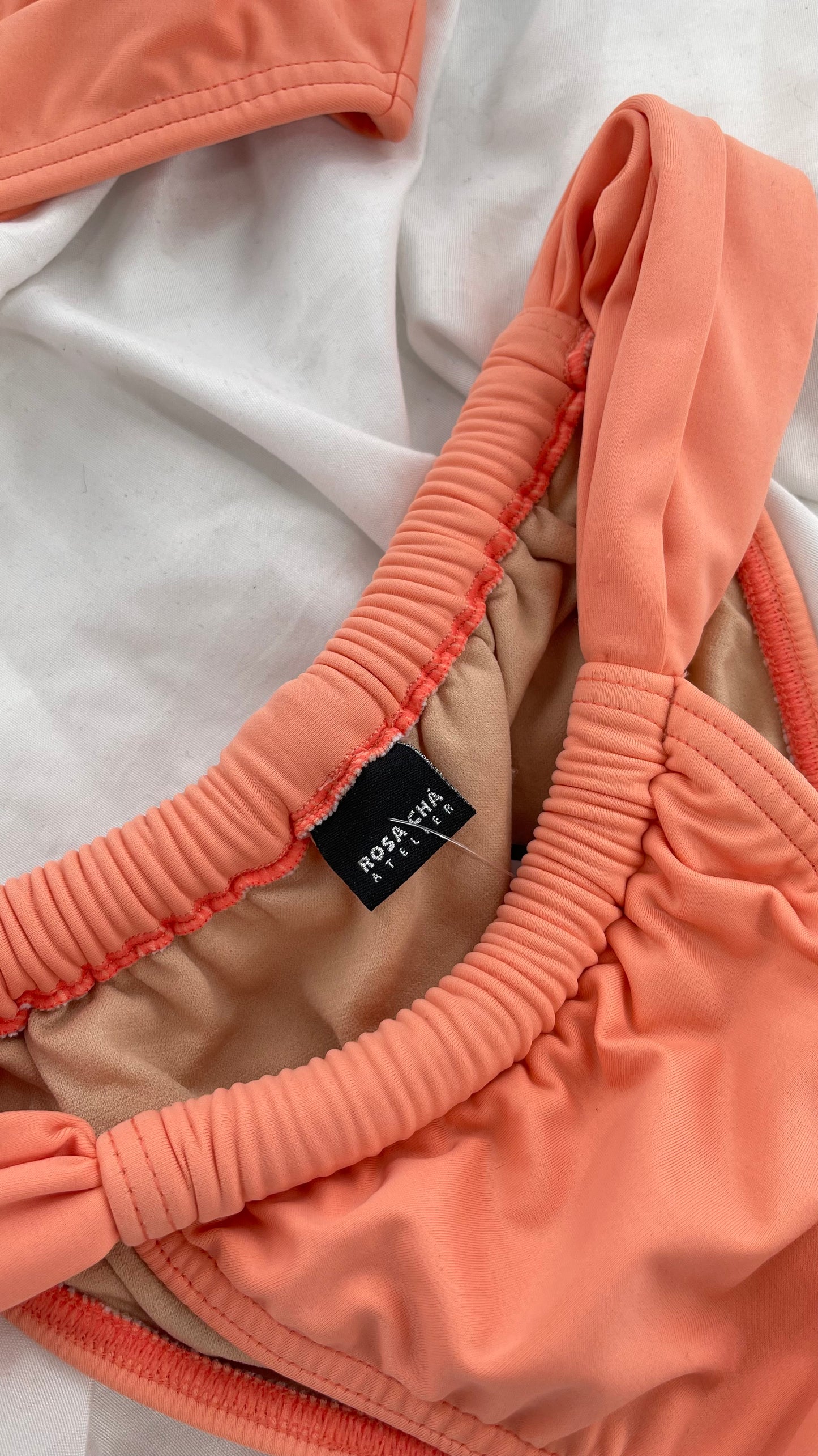 ROSA CHÁ Attelier Designer Pink/Salmon Thick Swim Set with Ruched Bottoms and Embellished Top (Small)
