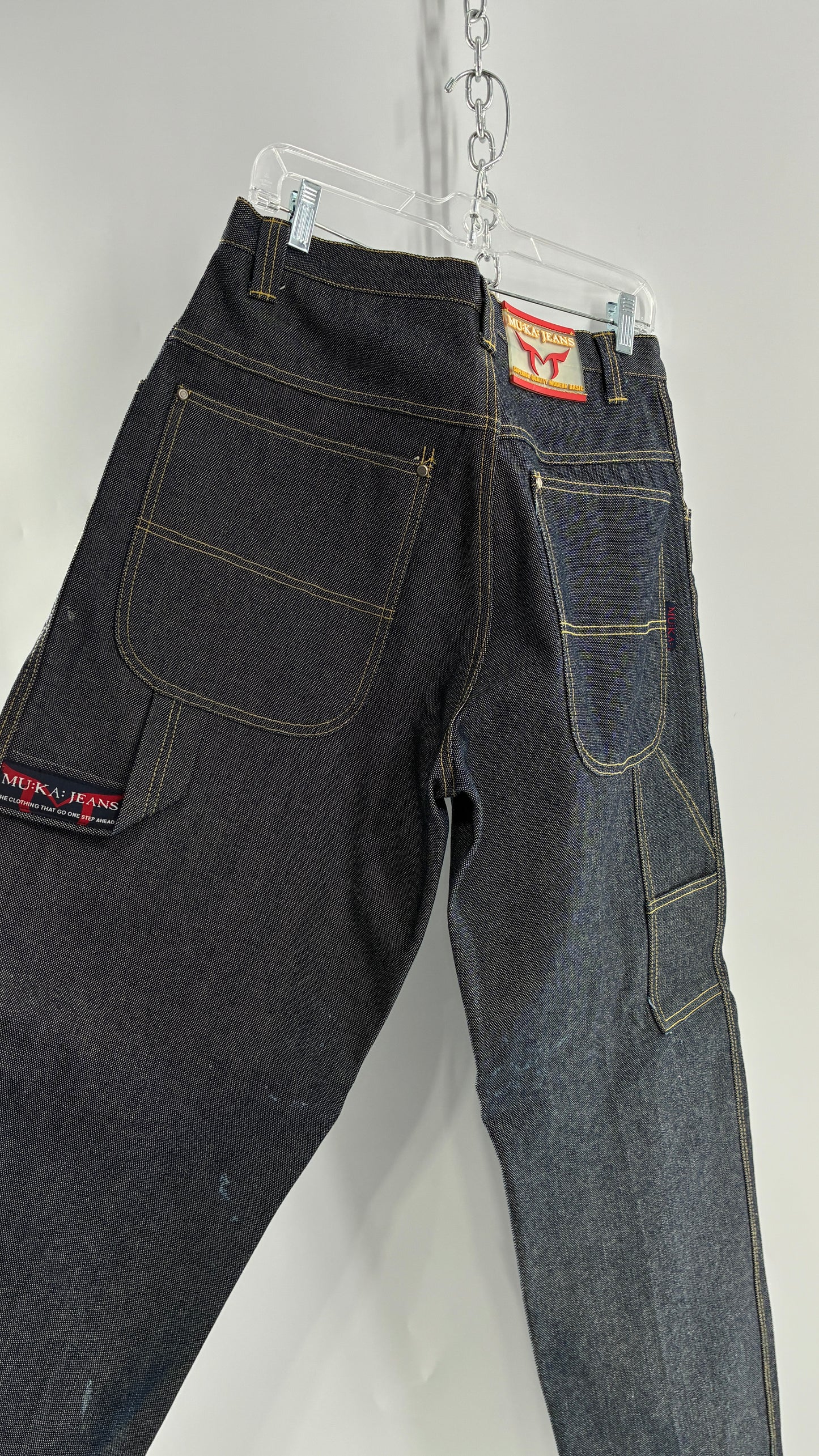 Vintage 1990s MU:KA: JEANS Men’s Dark Wash Japanese Style Denim Baggy Straight Legs and Oversized Jacket Set (L, 32x32)