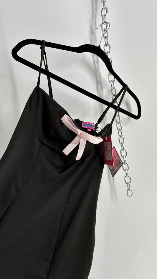 Edikted Black Satin Underbust Panel Mini Dress with Baby Pink Bow and Tags Attached (XS)