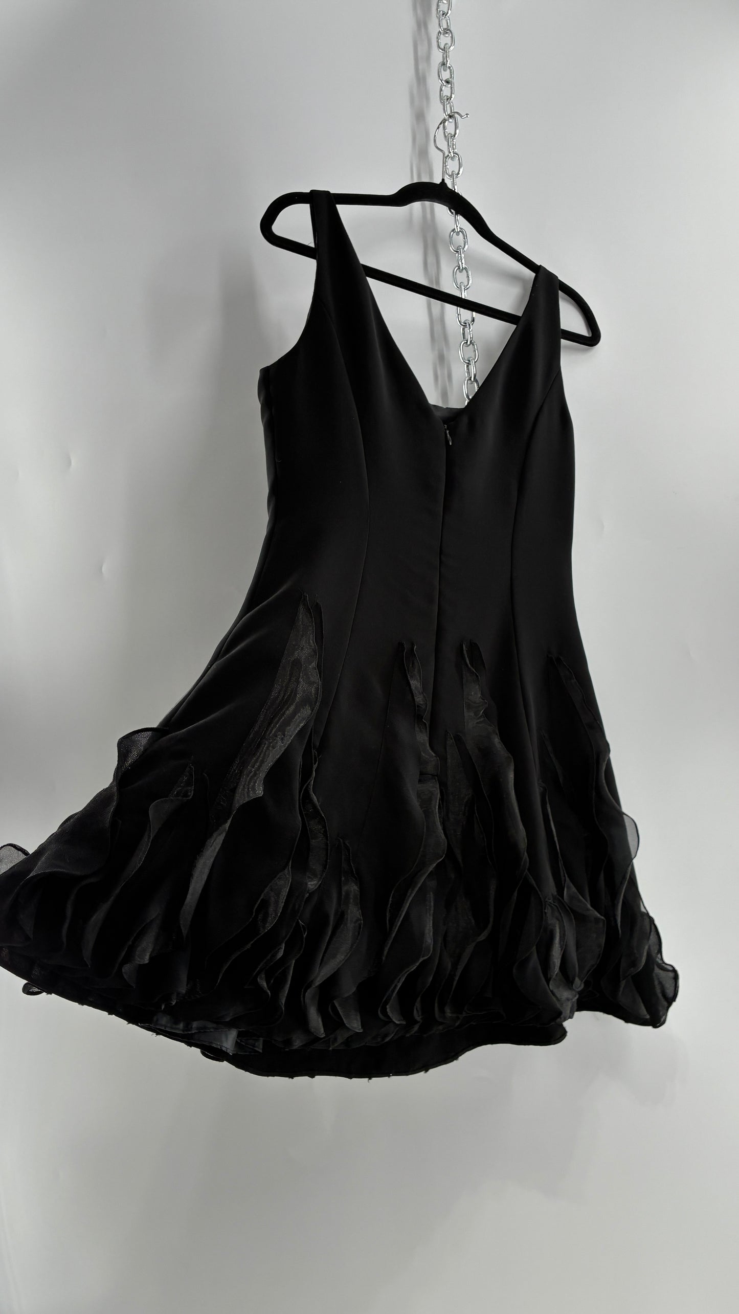 Vintage JS BOUTIQUE Black Structured Petite Mini Dress with Ruffled Hem (10P)