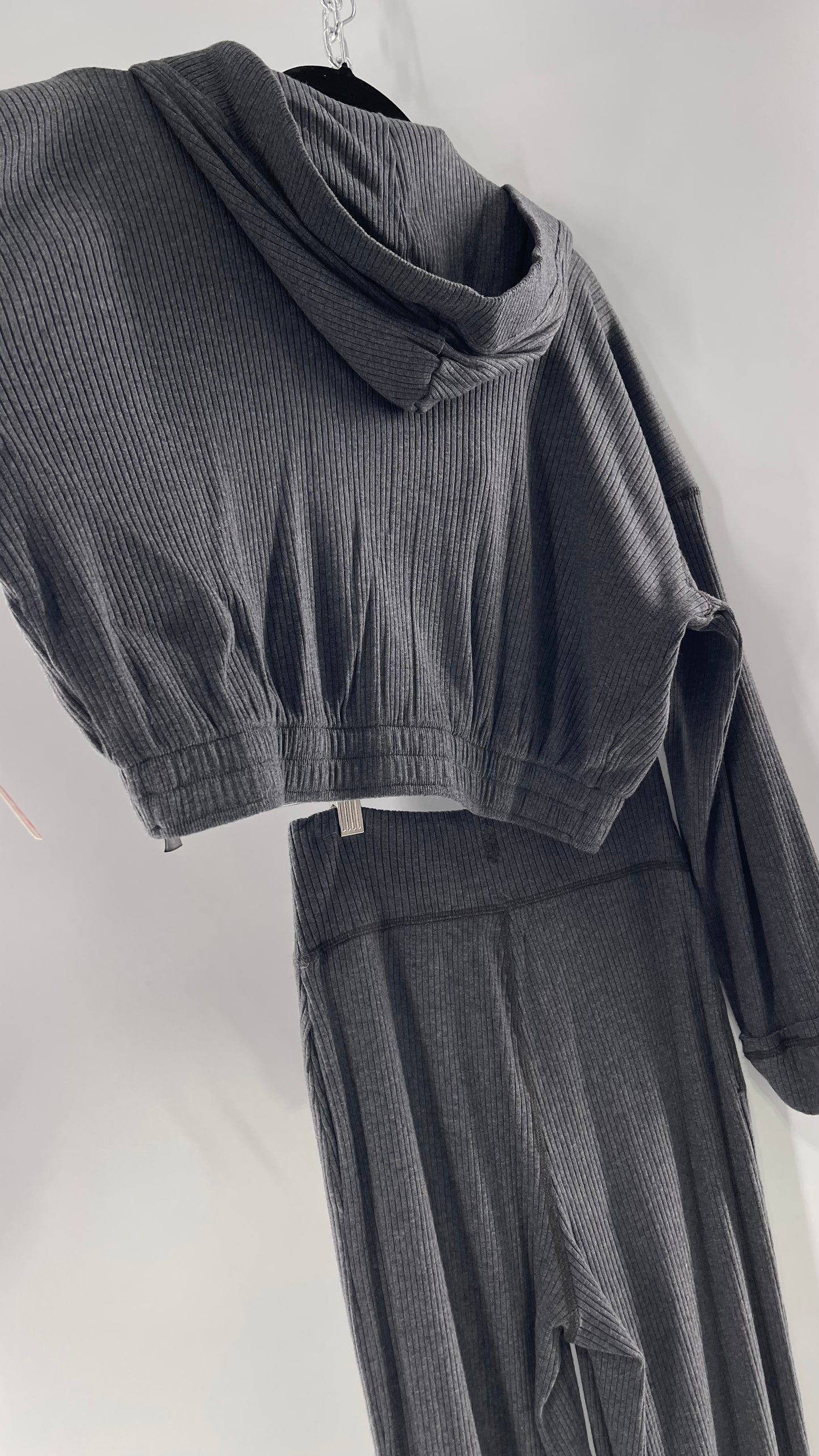 Free People Charcoal Slate Gray 2 Piece Set with Cropped Hoodie and Jogger Sweats with Tags Attached (XS)