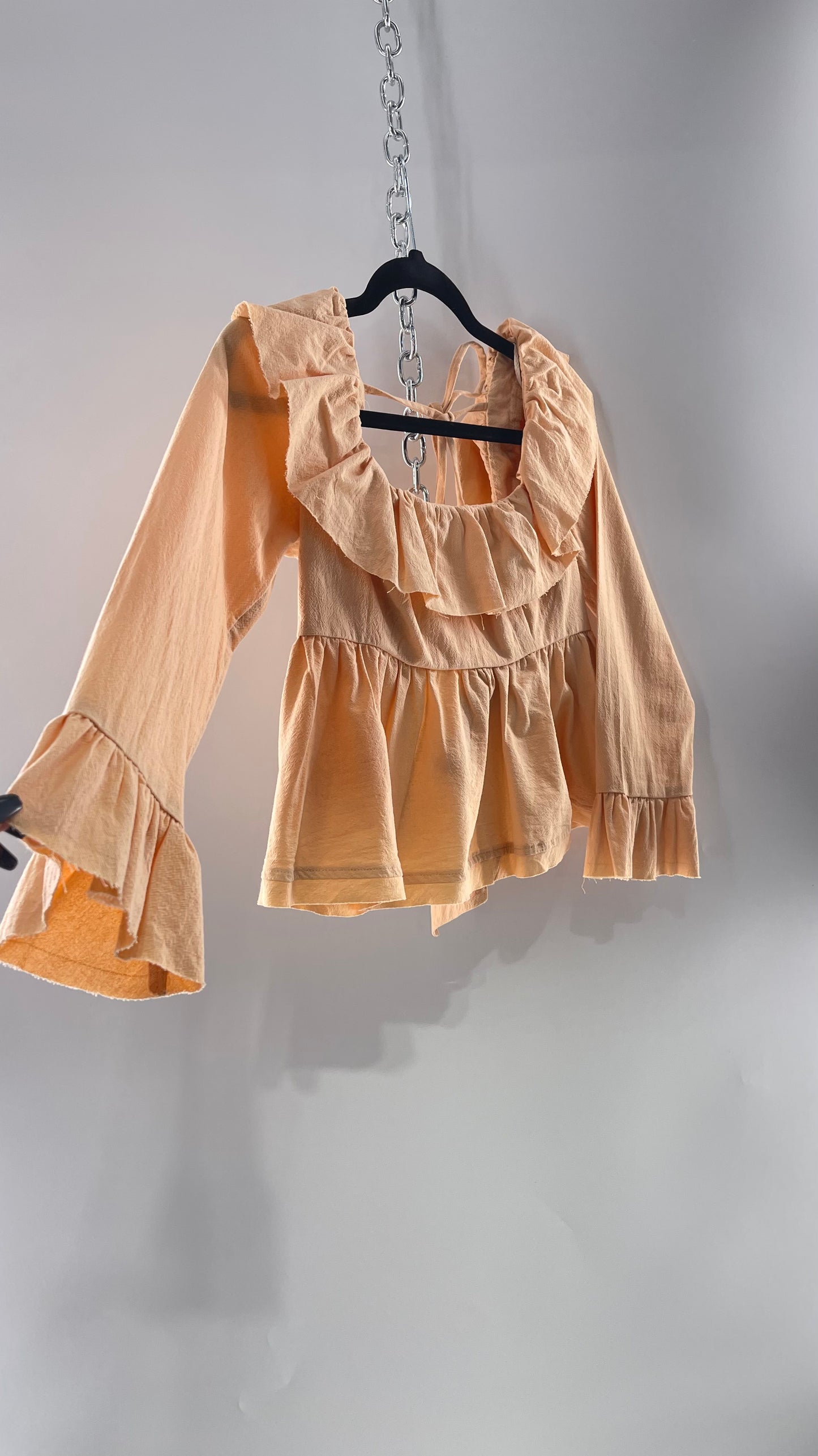Free People Pumpkin Light Orange Backless Bow Back Cropped Blouse with Ruffle Sleeve and Neckline (XS)