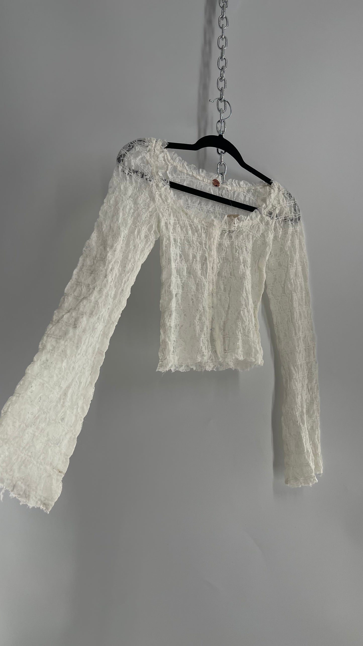 Free People White Smocked Lace Long Sleeve with Eyelet Closure (Small)