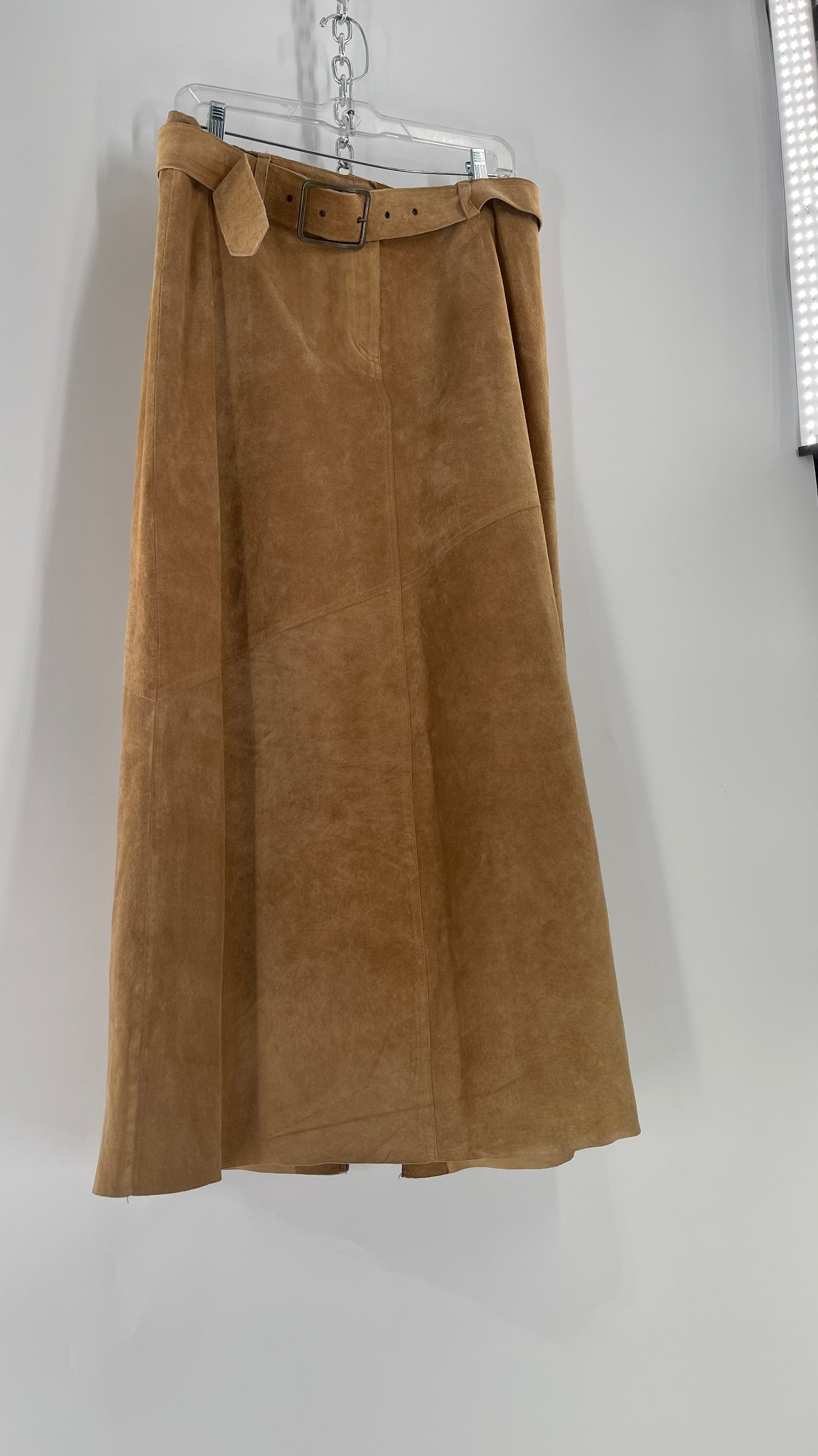 Vintage Margaret Godfrey Tan Suede Low Rise Full Length Skirt with Grommet Belt (14)