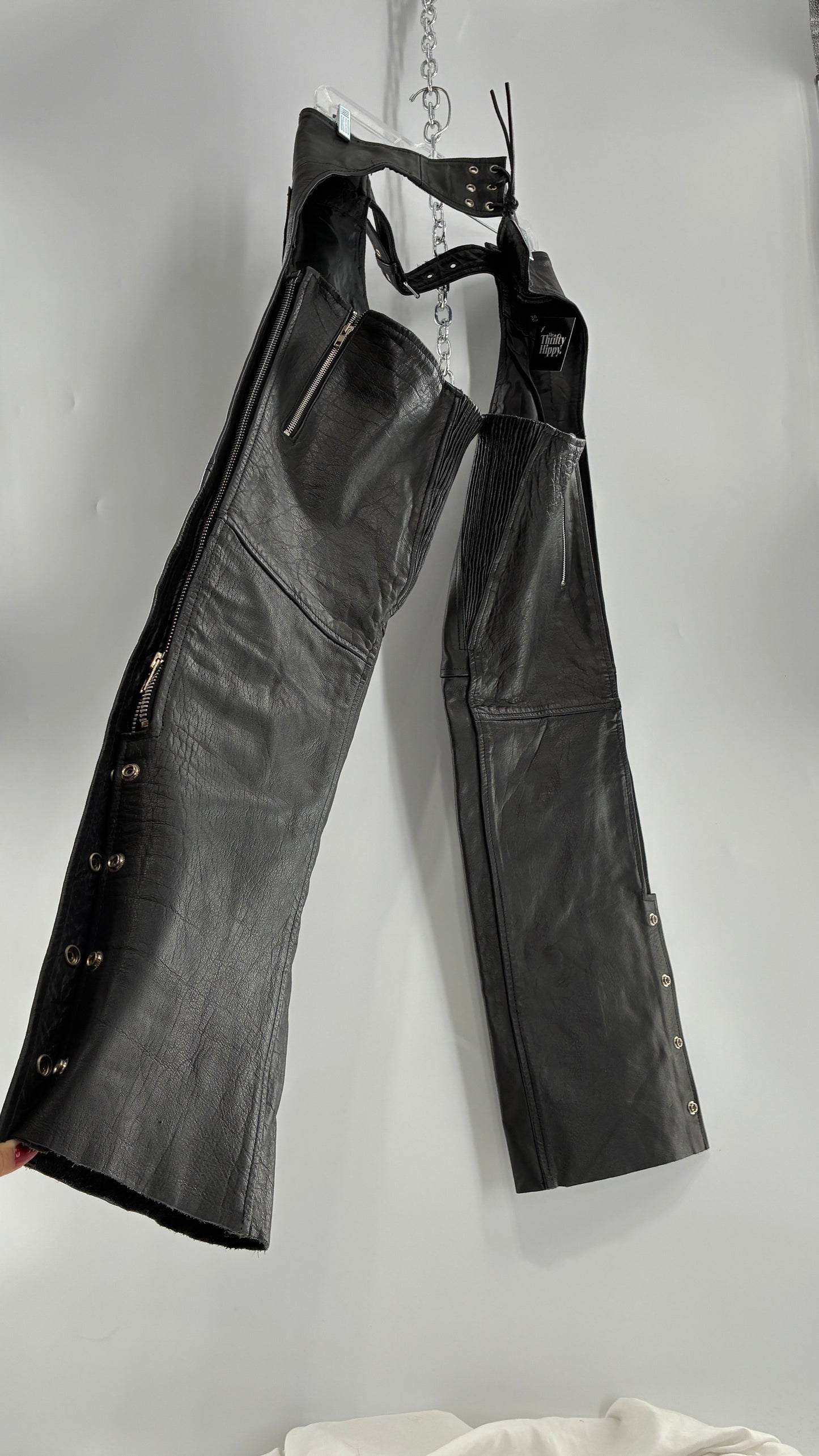Vintage Xelement Black Genuine Leather Motorcycle Chaps with Side Zipper and Button Closure (34)