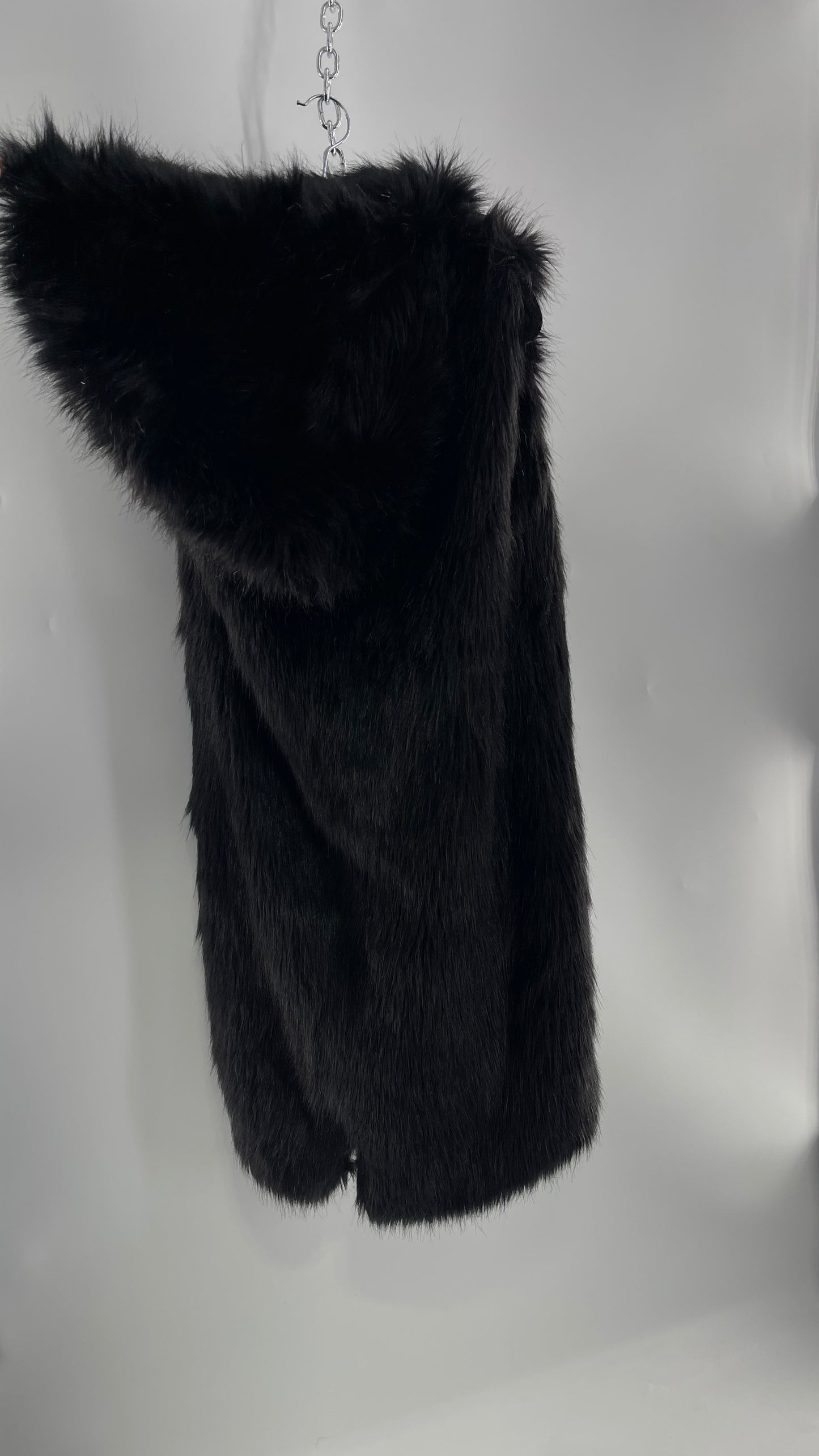 Full Length Black Fuzzy Sleeveless Vest with Oversized Hood (Medium)