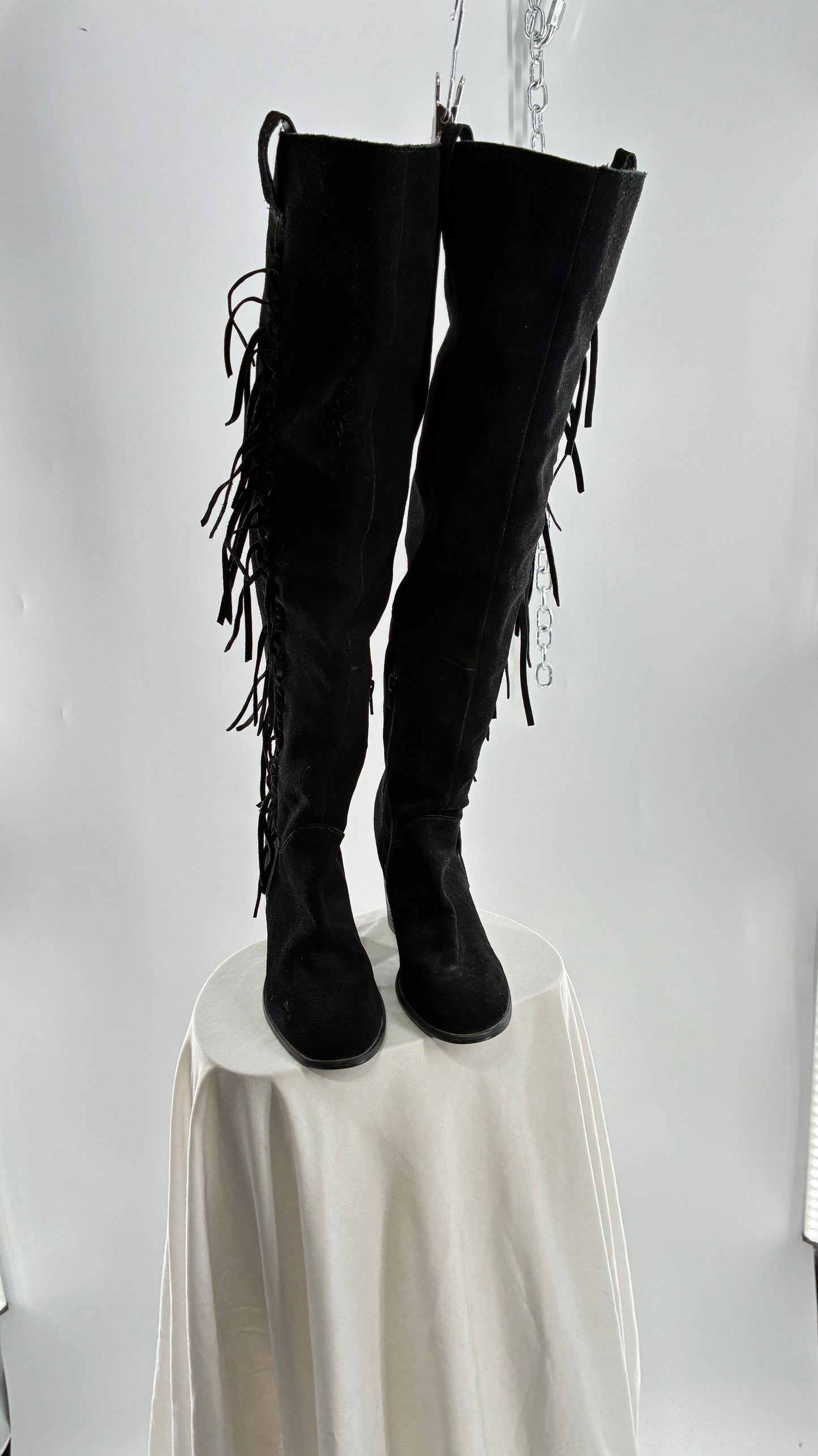 Vintage CARLOS SANTANA Genuine Suede Leather Thigh High Tassel, Fringe Side Boots (7.5)