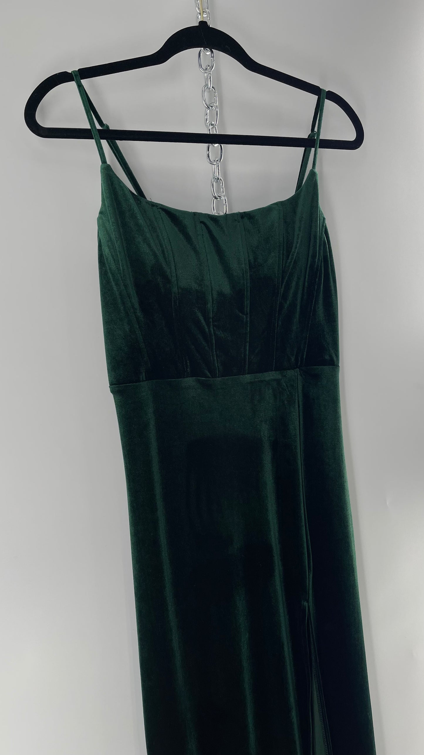 Windsor Forest Green Velvet Maxi Dress with Corseted Bust and Side Slit (11/12)