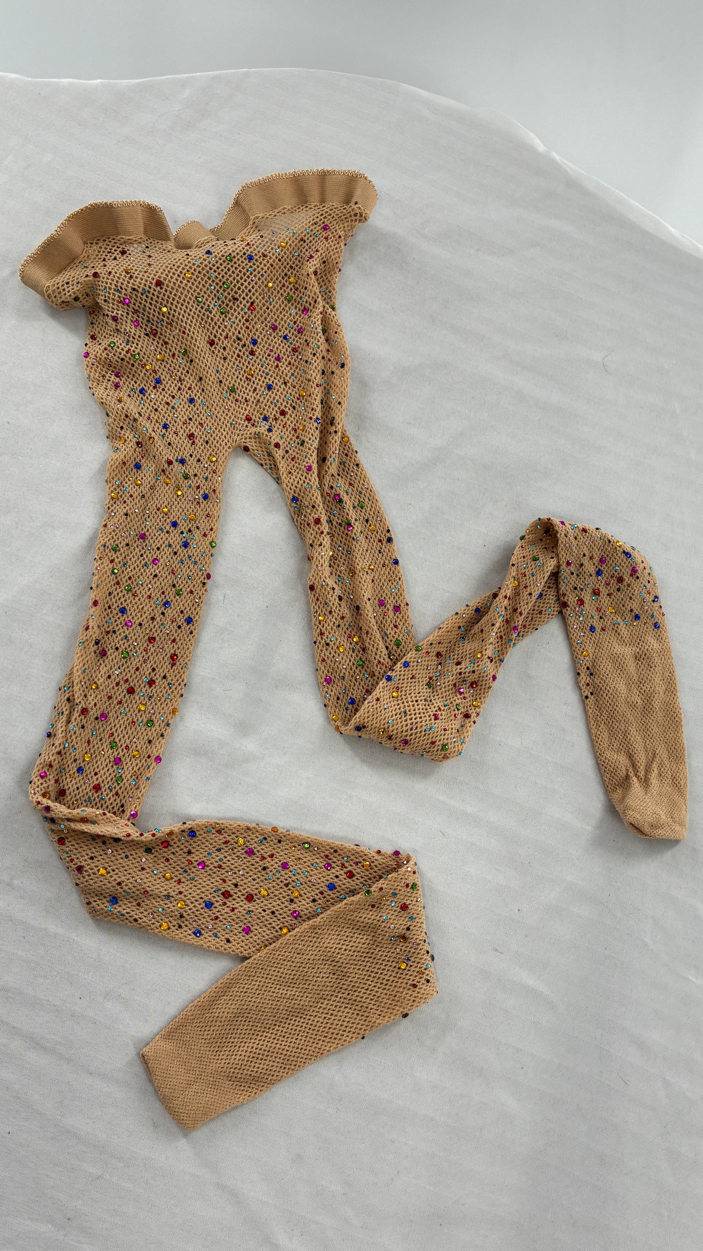 Beige Mesh Tights with All-Over Multicolored Rhinestones