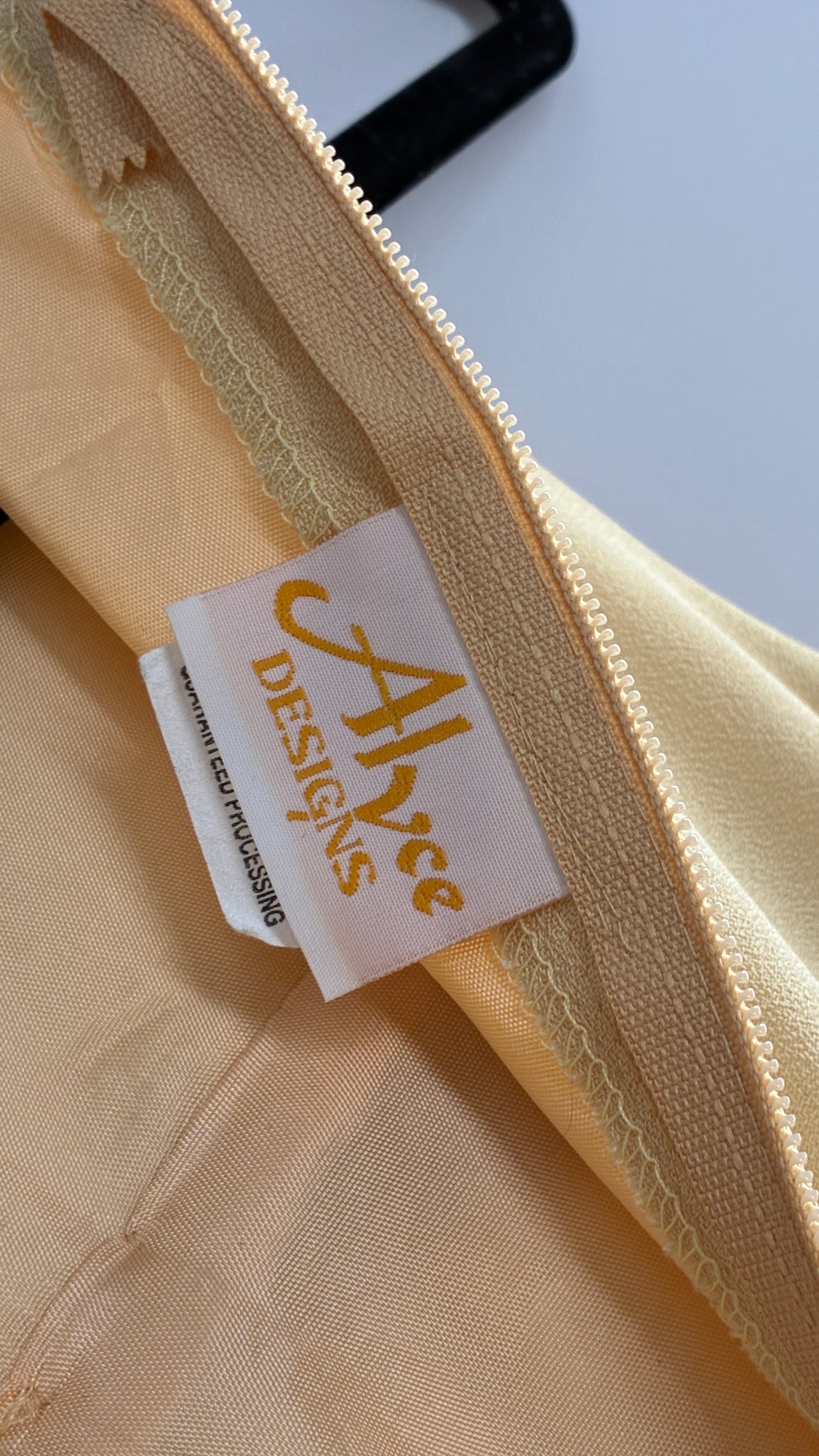 Vintage ALYCE’S Baby Yellow High Neck Satin Bow Bust, Side Slit, Button Back Gown (Measured)