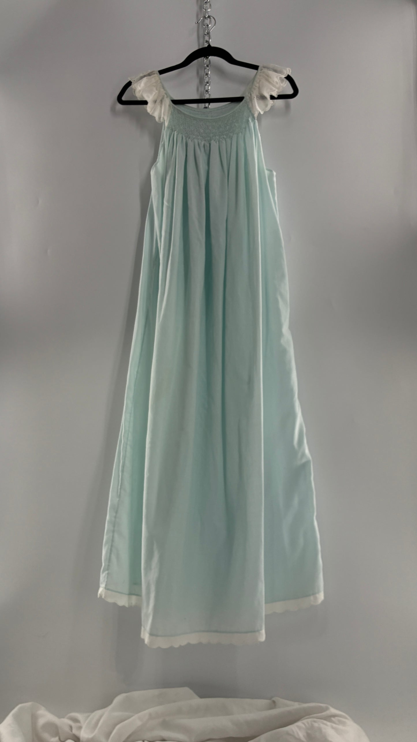Vintage Baby Blue Nightgown Maxi with White Scalloped Lace Straps and Hem (Medium)