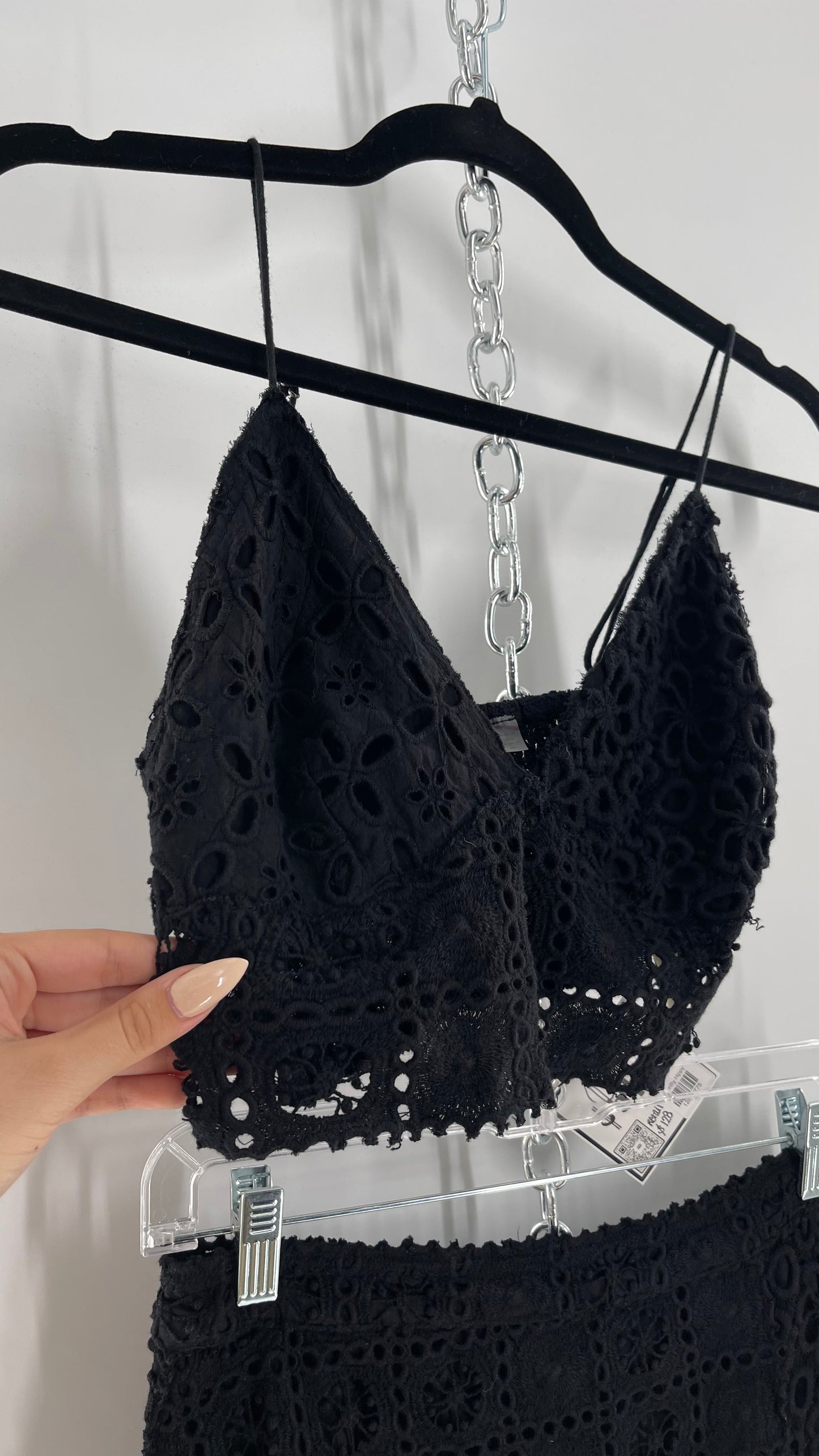 Free People Black Eyelet Lace Mini Skirt and Bustier Set (6)