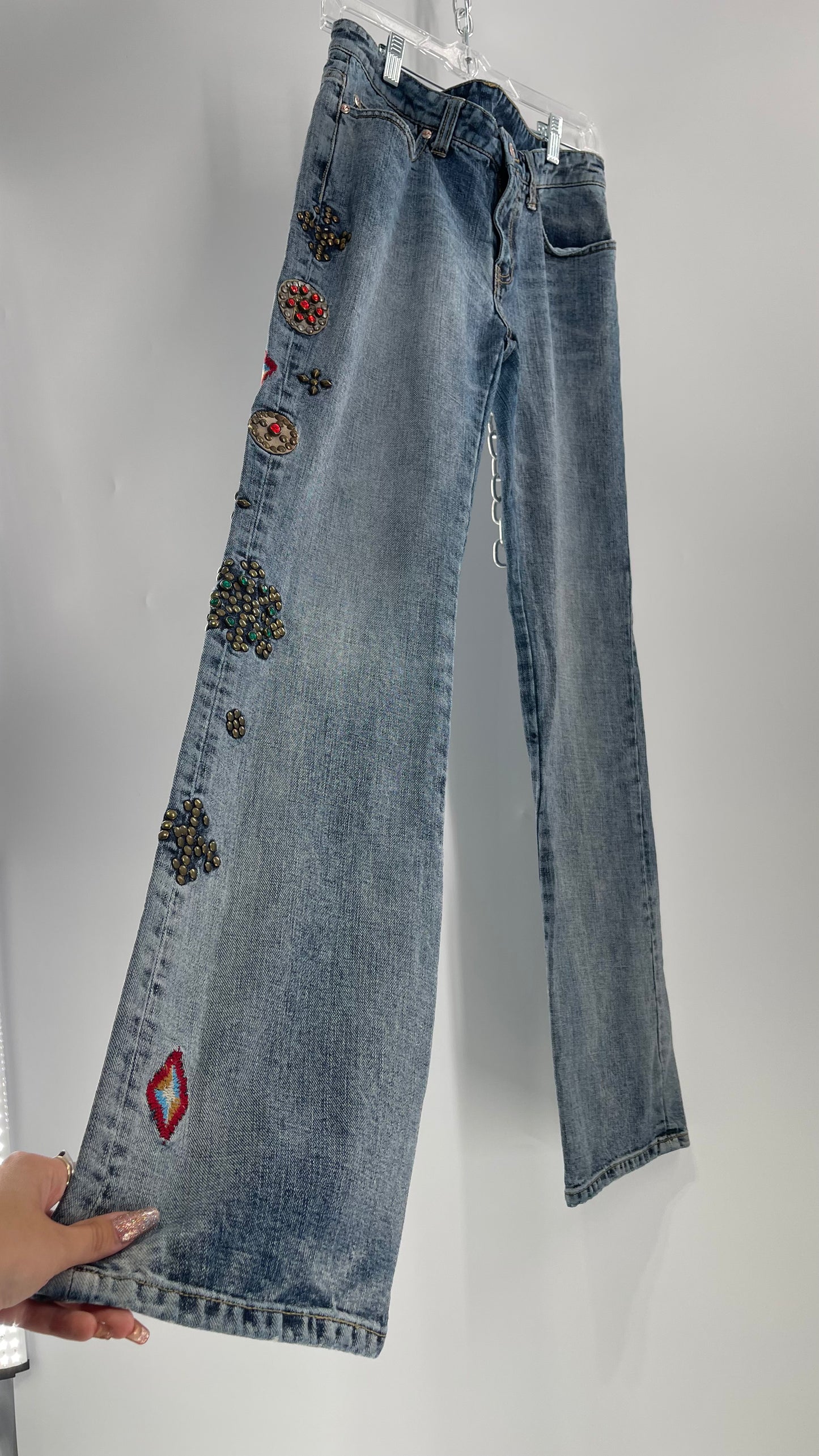 Western Denim Bank Light Wash Straight Legs with Gold/Bronze Metal Studs and Jewels (29)