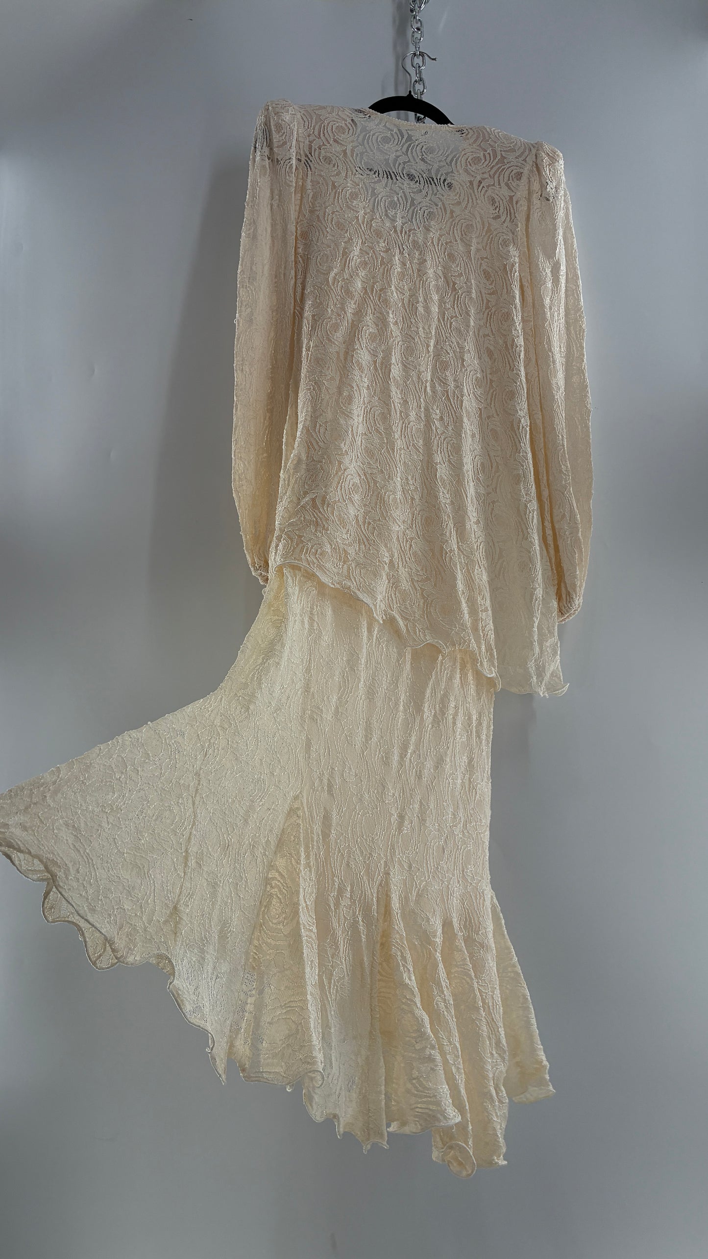 Vintage SARA MIQUE New York Off White Maxi Dress and Balloon Sleeve Cardigan Set (M)