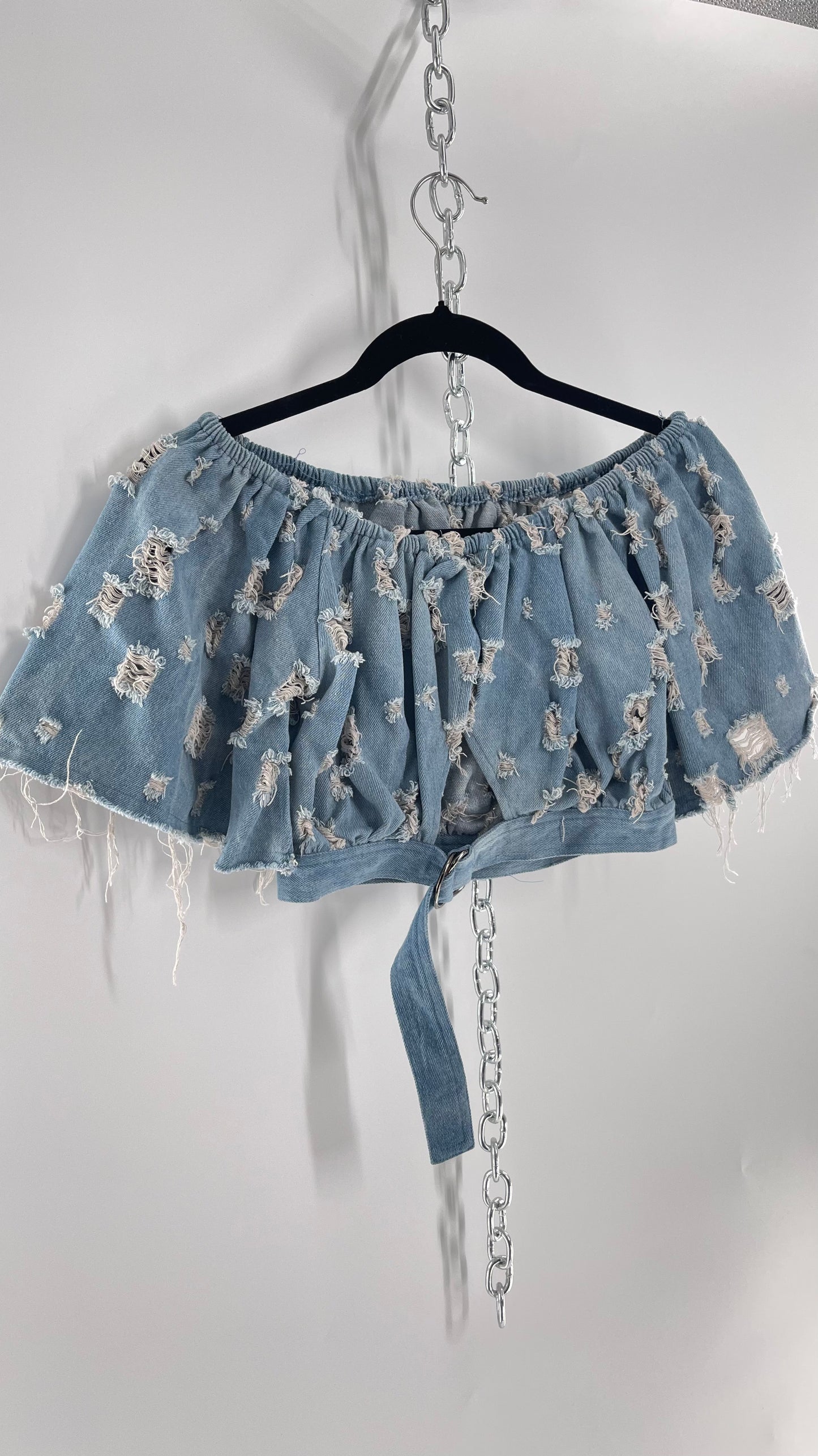 Homage Distressed Denim Crop Top with Keyhole Bust Cutout and Buckle (Medium)