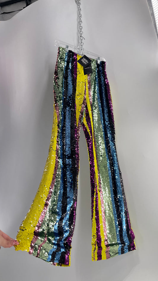 Deadstock Forever 21 Sequin Striped Colorful Festival Flare Pants (Small)