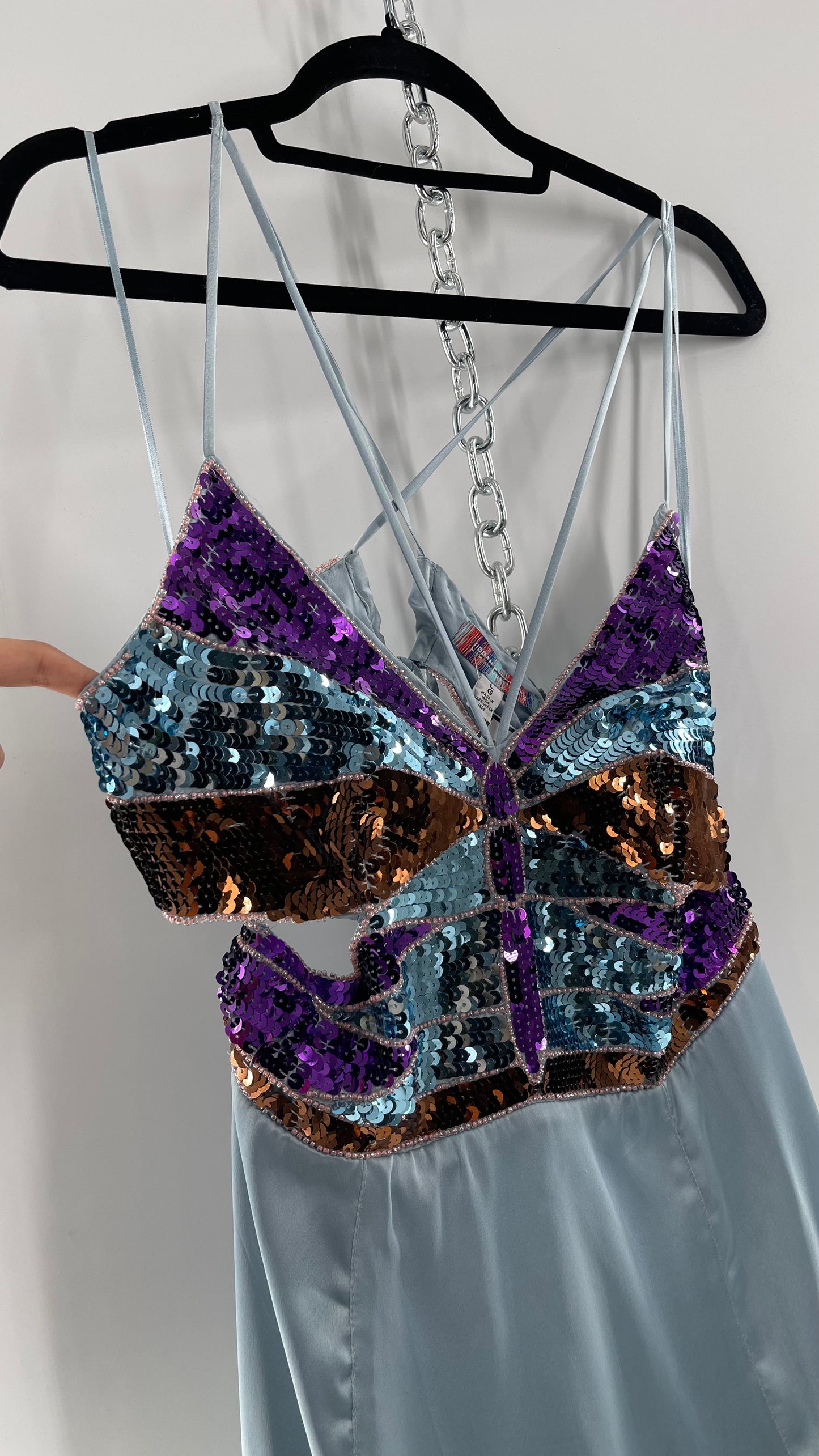 Urban Outfitters Light Blue Satin Butterfly Sequin Size L