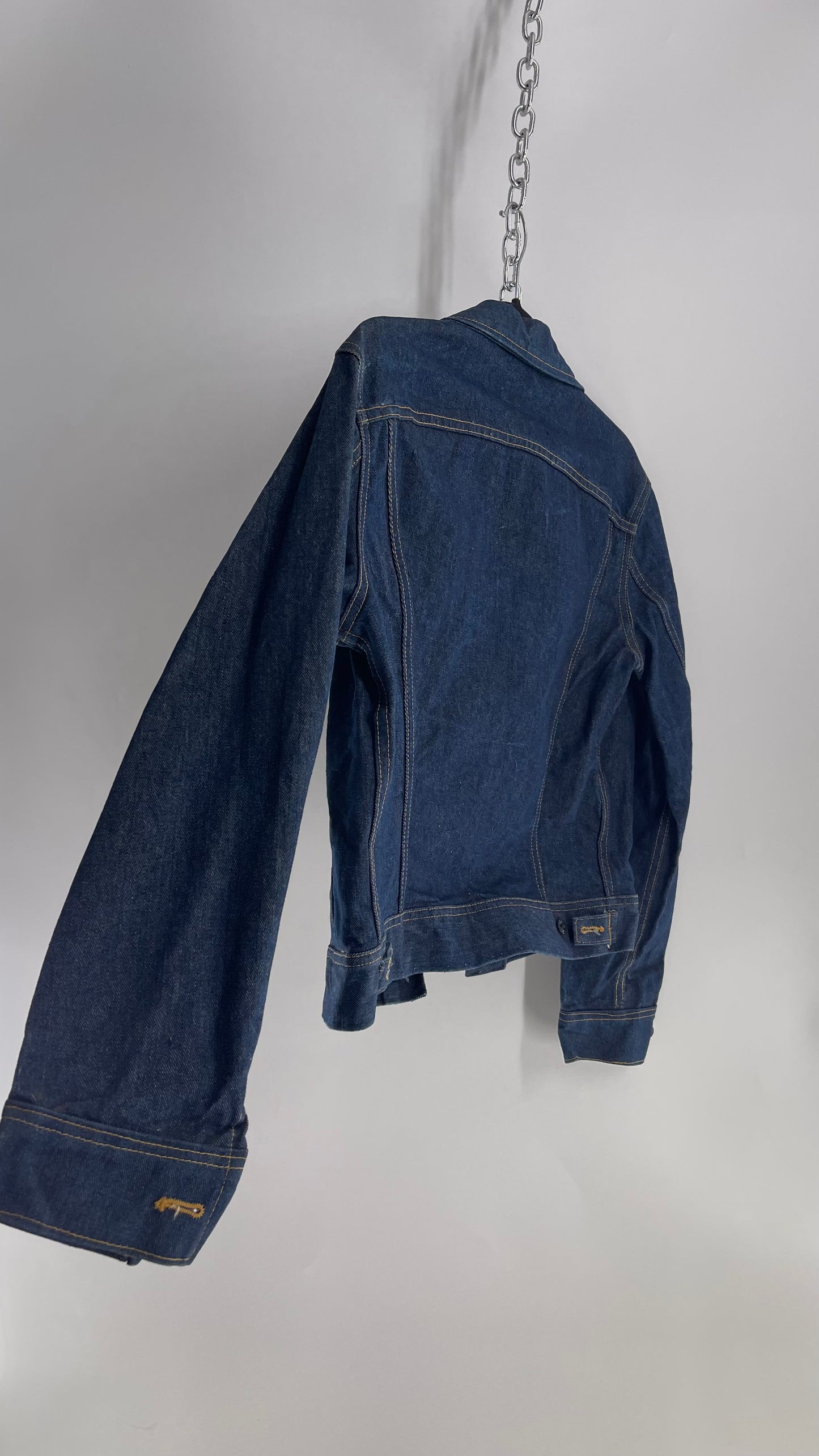 Vintage 1970s LEE Dark Wash PATD 153438 Denim Jacket with Contrast Stitching USA Union Made (38)