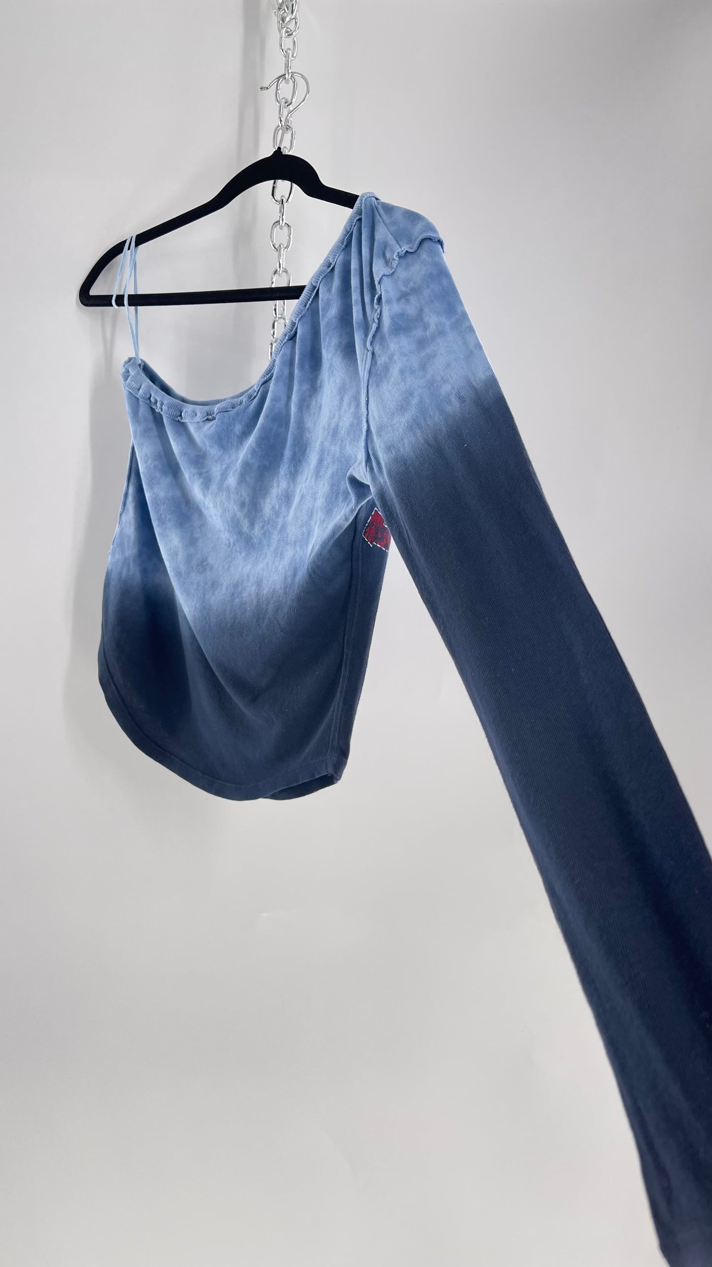 Free People Blue Ombre Tie Dye One Sleeve Top with Track Graphic (Small)